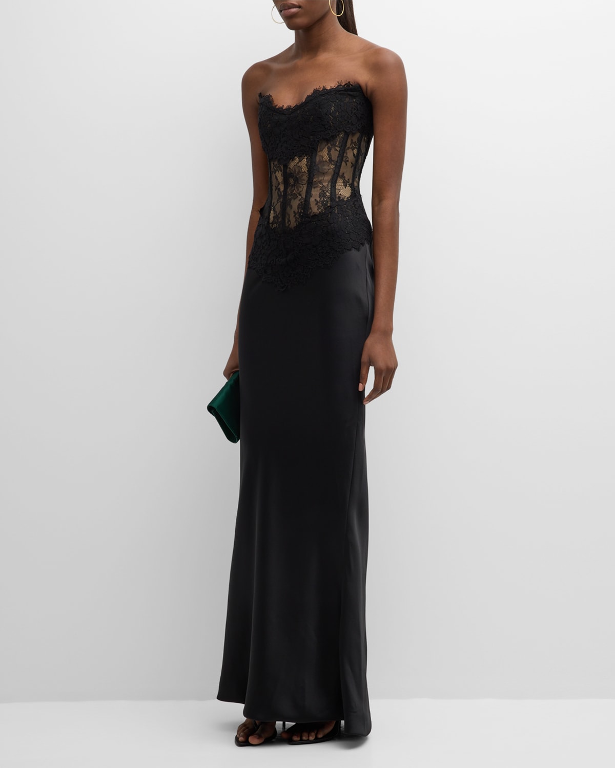 Rasario Mixed-media Draped Strapless Gown With Train In Black