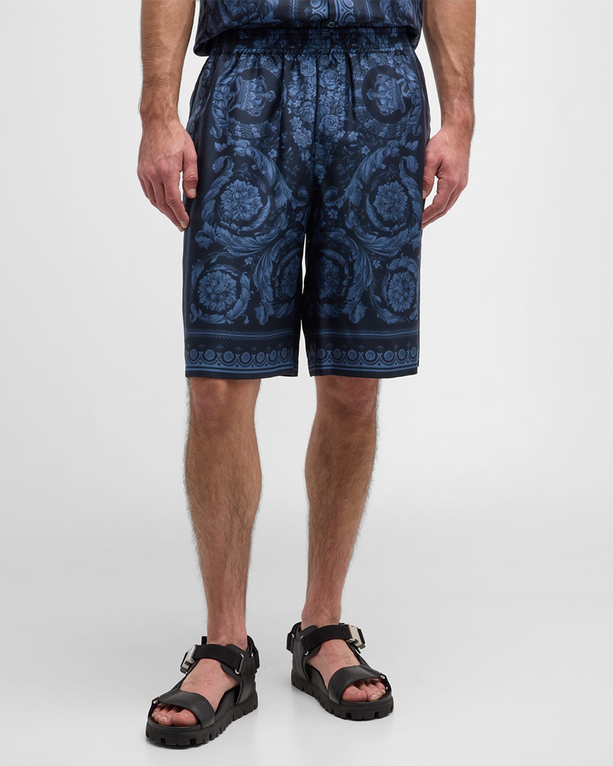 Shop Versace Men's Barocco Silk Twill Shorts In Navy Blue