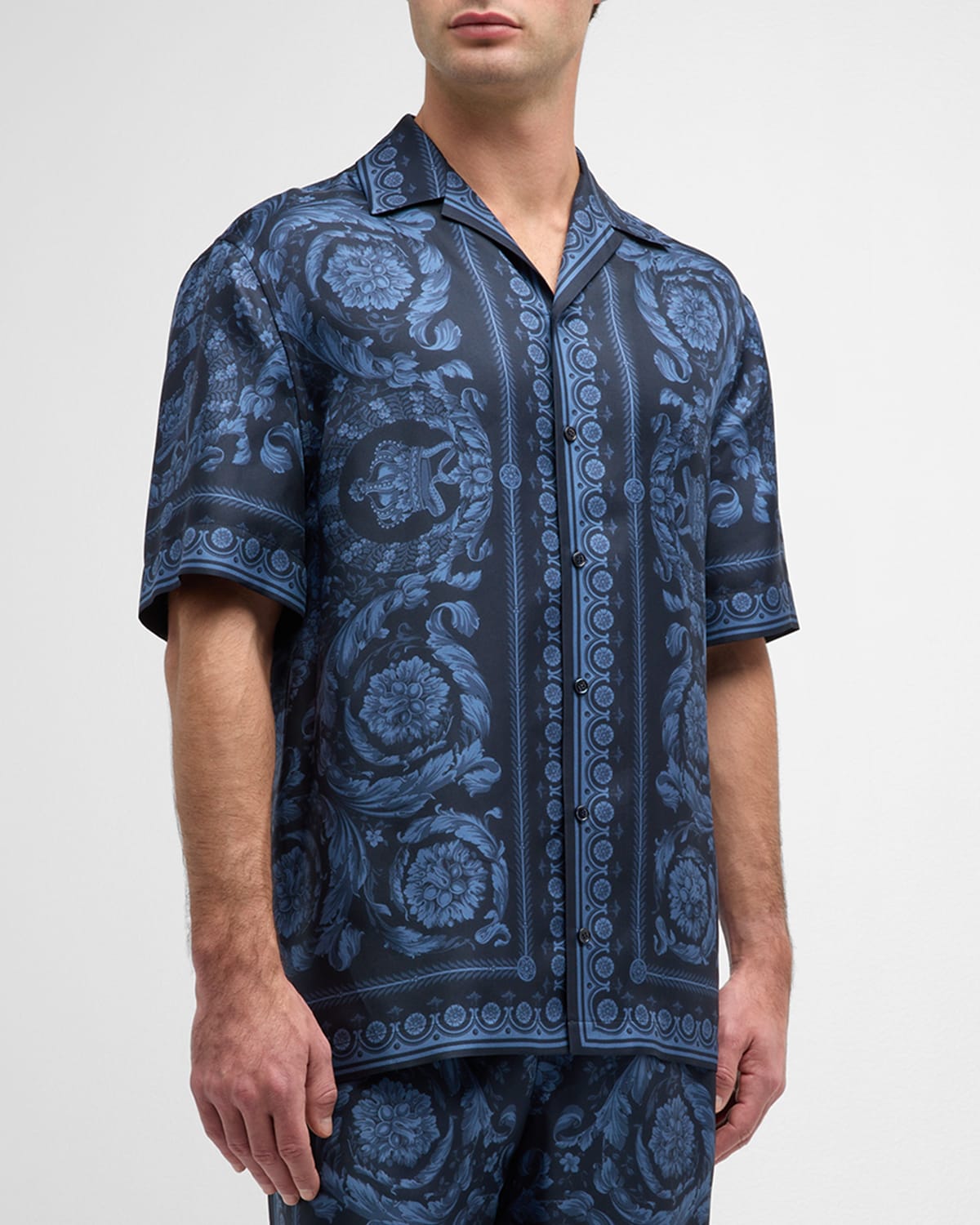 Shop Versace Men's Baroque-print Silk Short-sleeve Shirt In Navy Blue