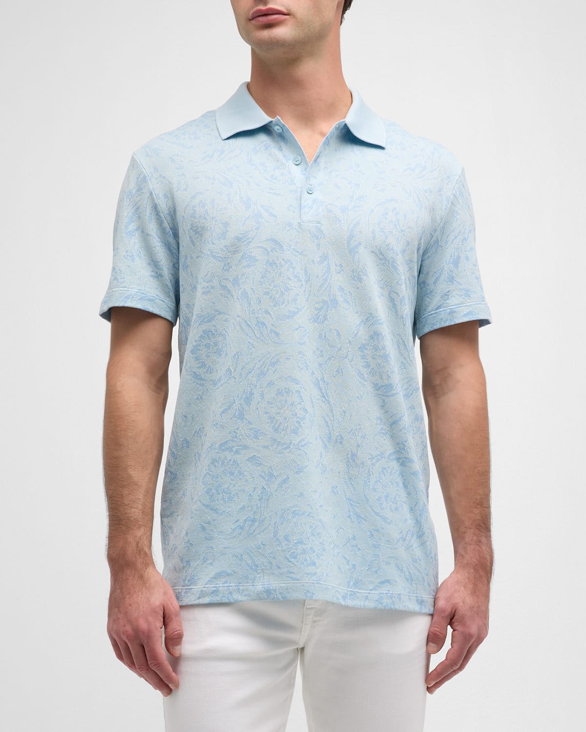 Shop Versace Men's Iconic Barocco Pique Polo Shirt In Pale Blue