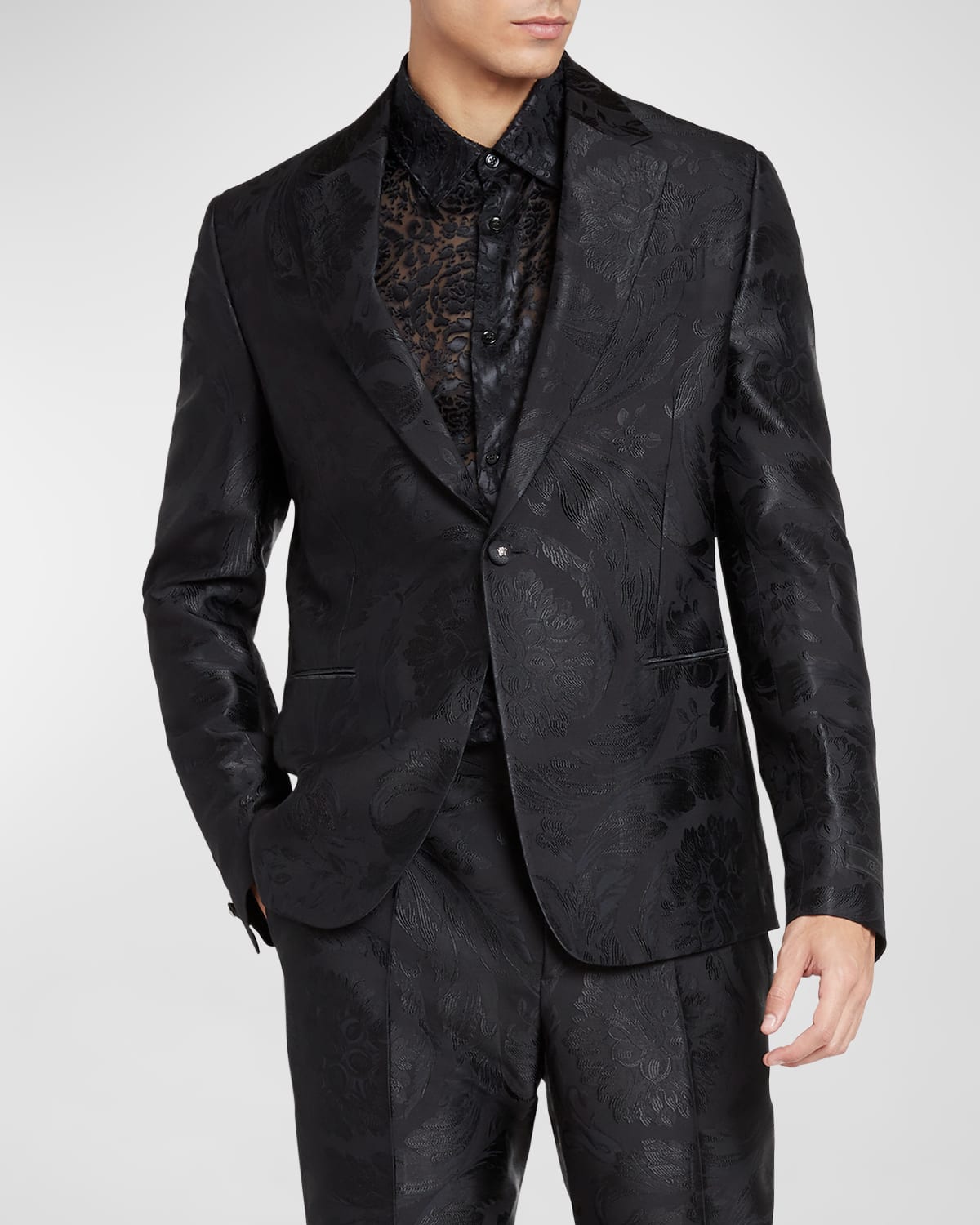 Shop Versace Men's Barocco Jacquard Tuxedo Jacket In Black