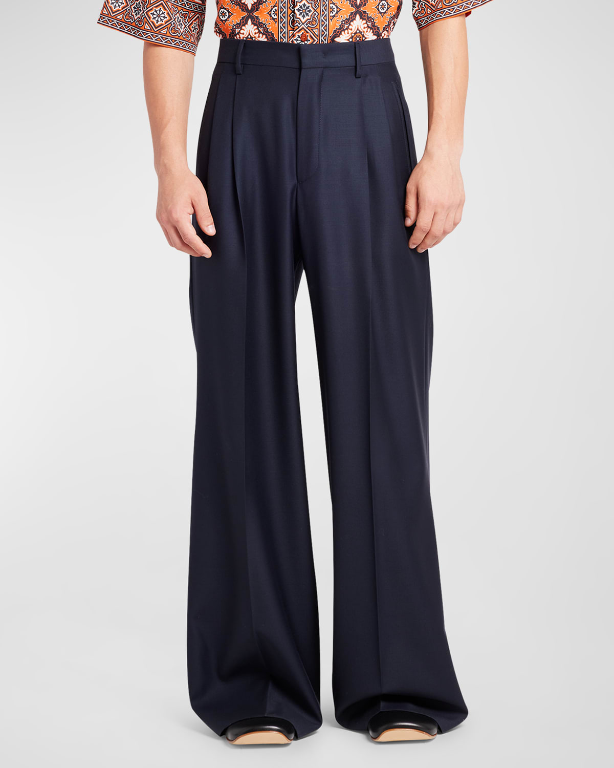 Shop Etro Men's R Flare Pleated Suit Trousers In Marine