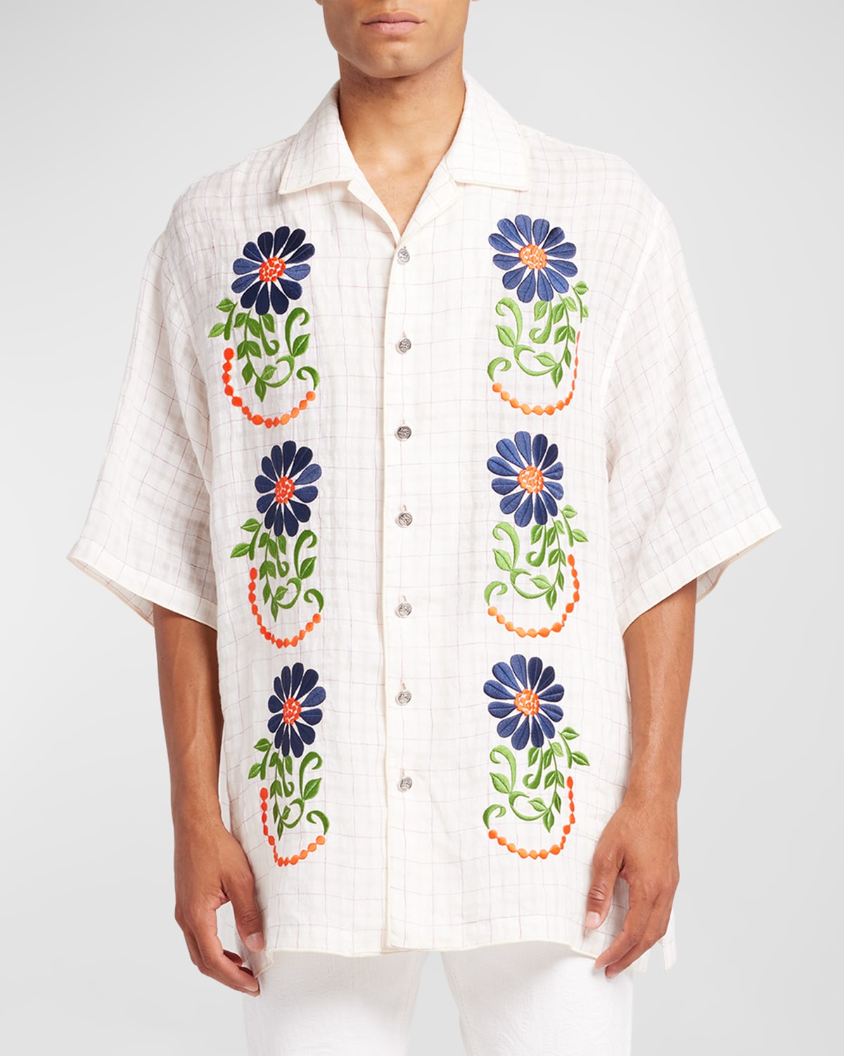 Shop Etro Men's Floral Embroidered Check Camp Shirt In Bicolour