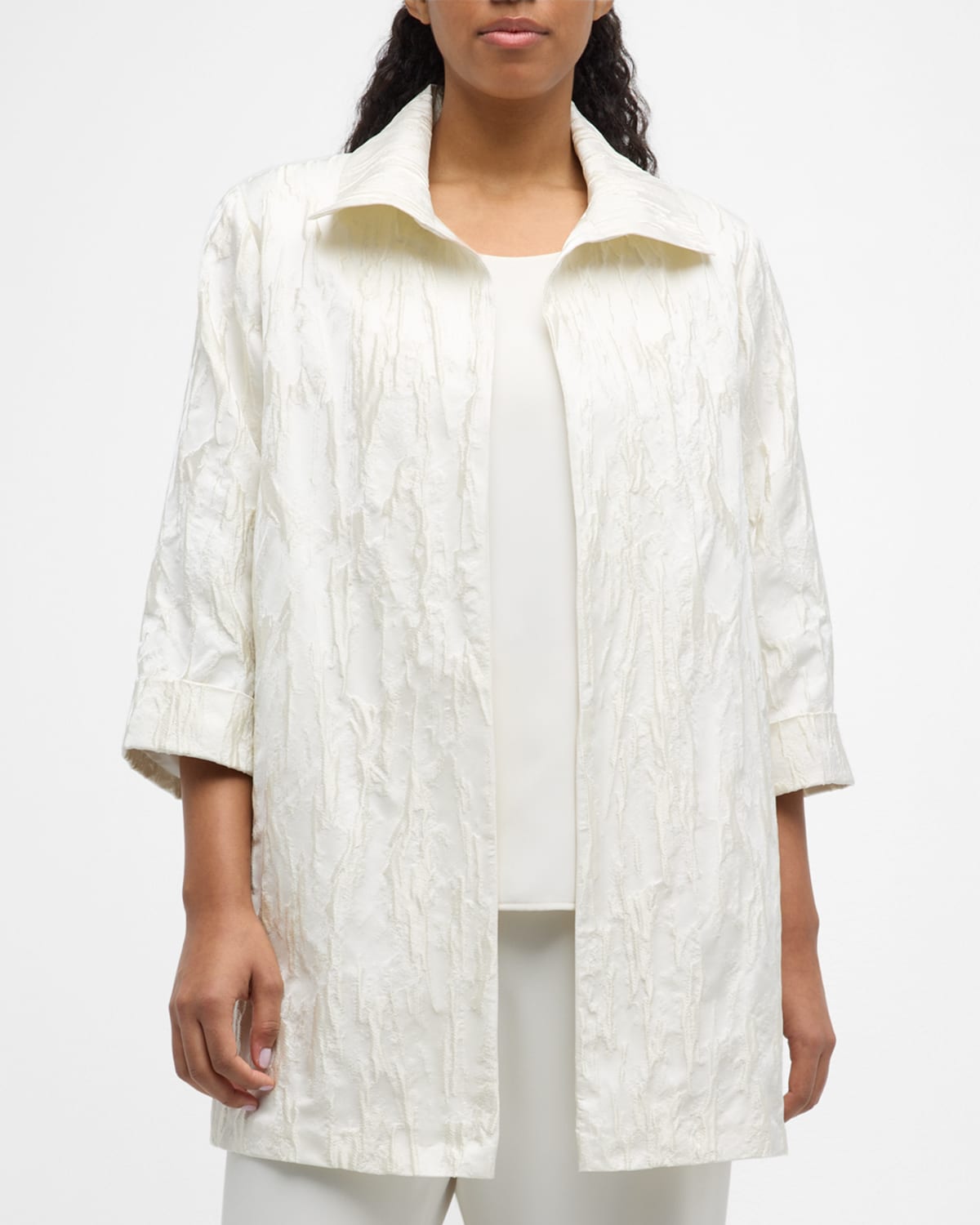 Caroline Rose Plus Plus Size Open-front Jacquard Party Jacket In Ivory