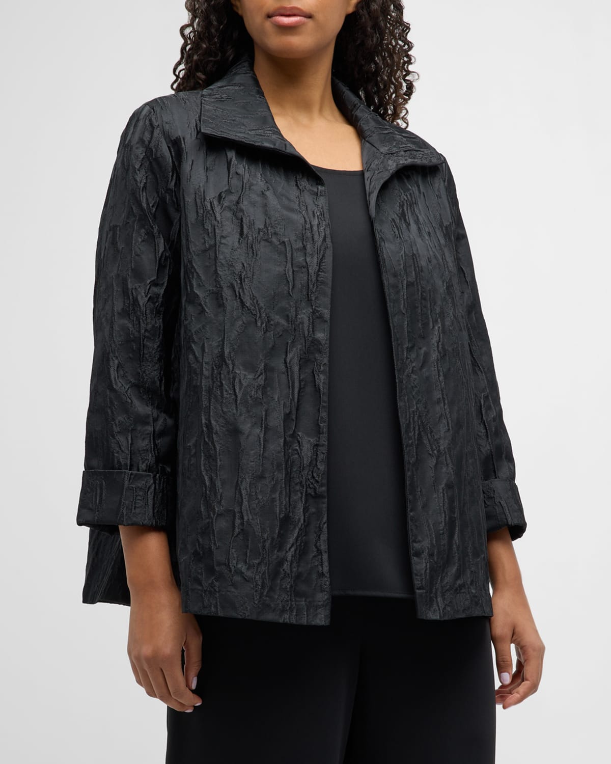 Caroline Rose Plus Plus Size Open-front Crinkled Jacquard Jacket In Black