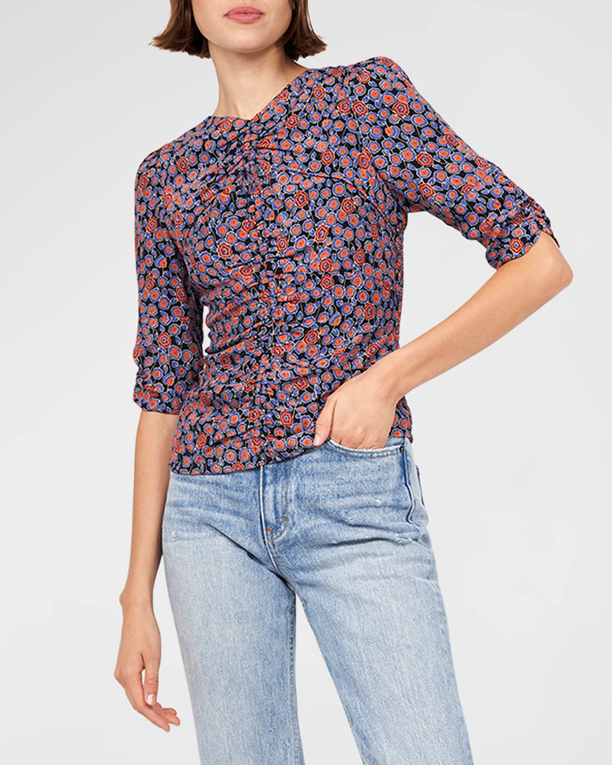 JOIE SANTANA RUCHED FLORAL-PRINT SMOCKED BLOUSE