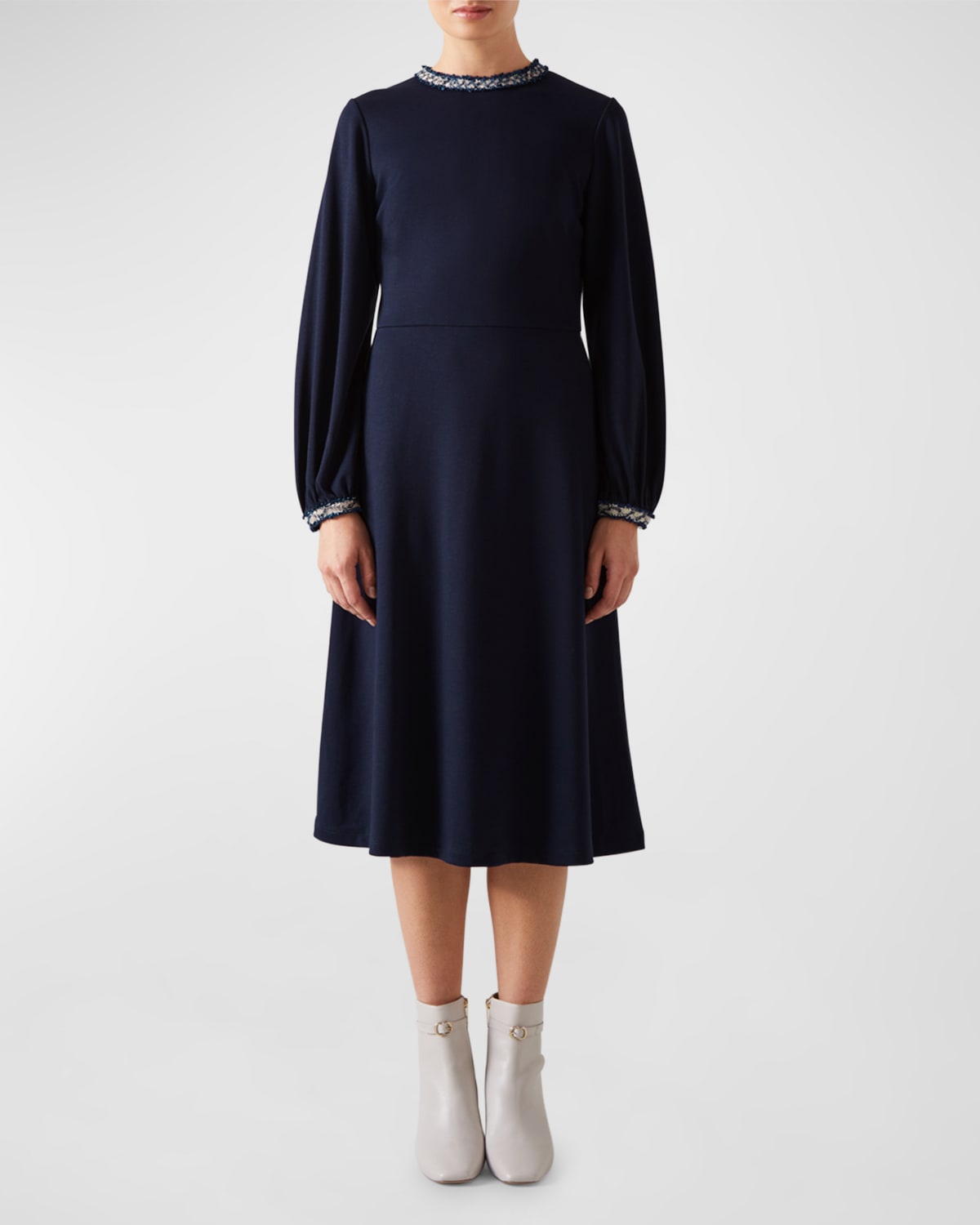 Shop Lk Bennett Yvonne Tweed-trim Blouson-sleeve Midi Dress In Space