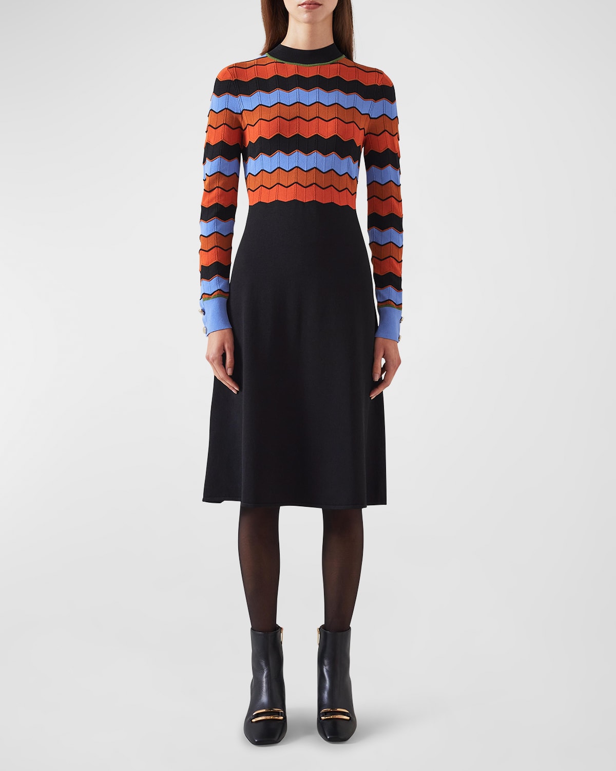 Lk Bennett Elina Mock-neck Chevron Knit Midi Dress In Black Multi