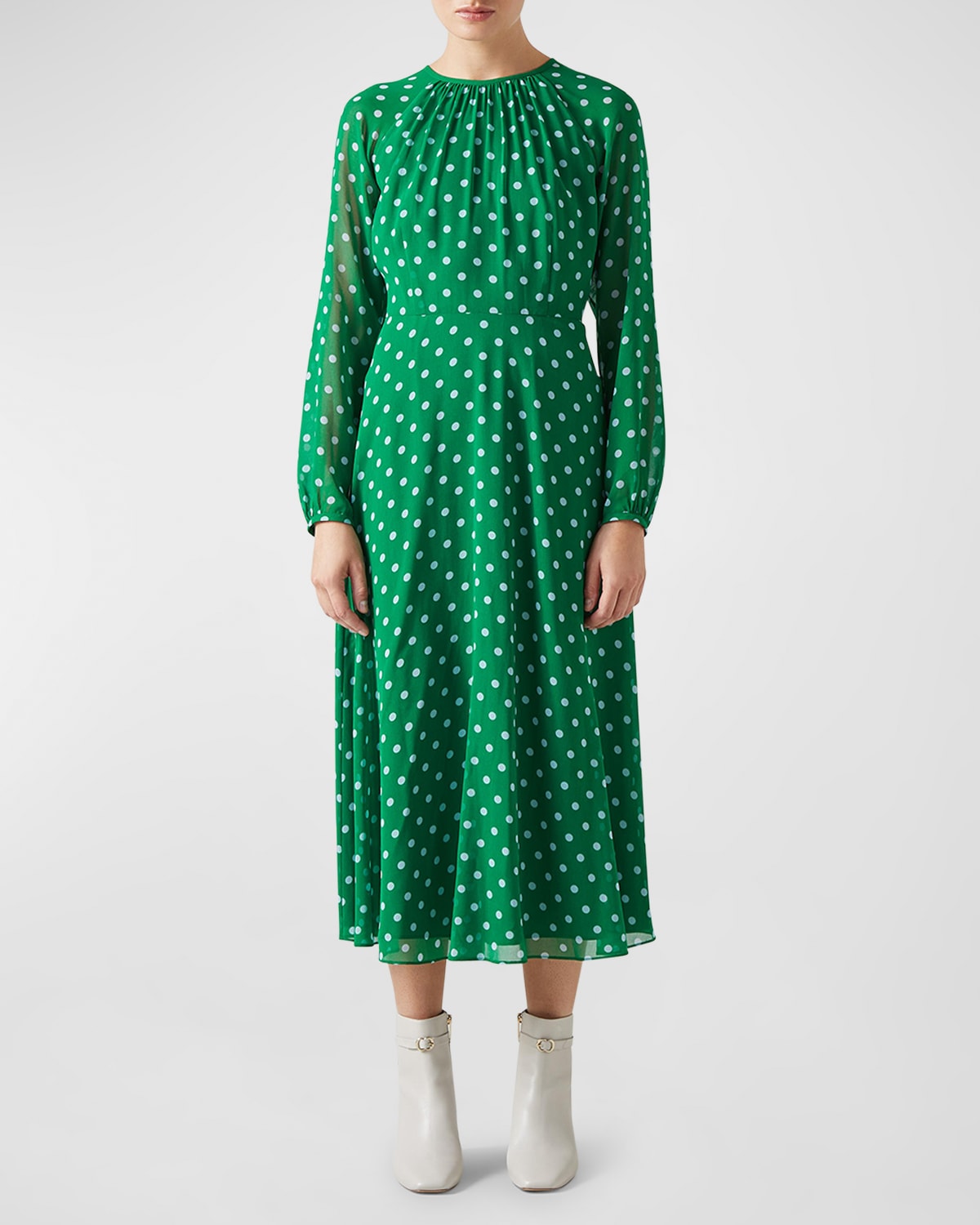 Lk Bennett Addison Polka Dot Raglan-sleeve Midi Dress In Malachite/ Spring