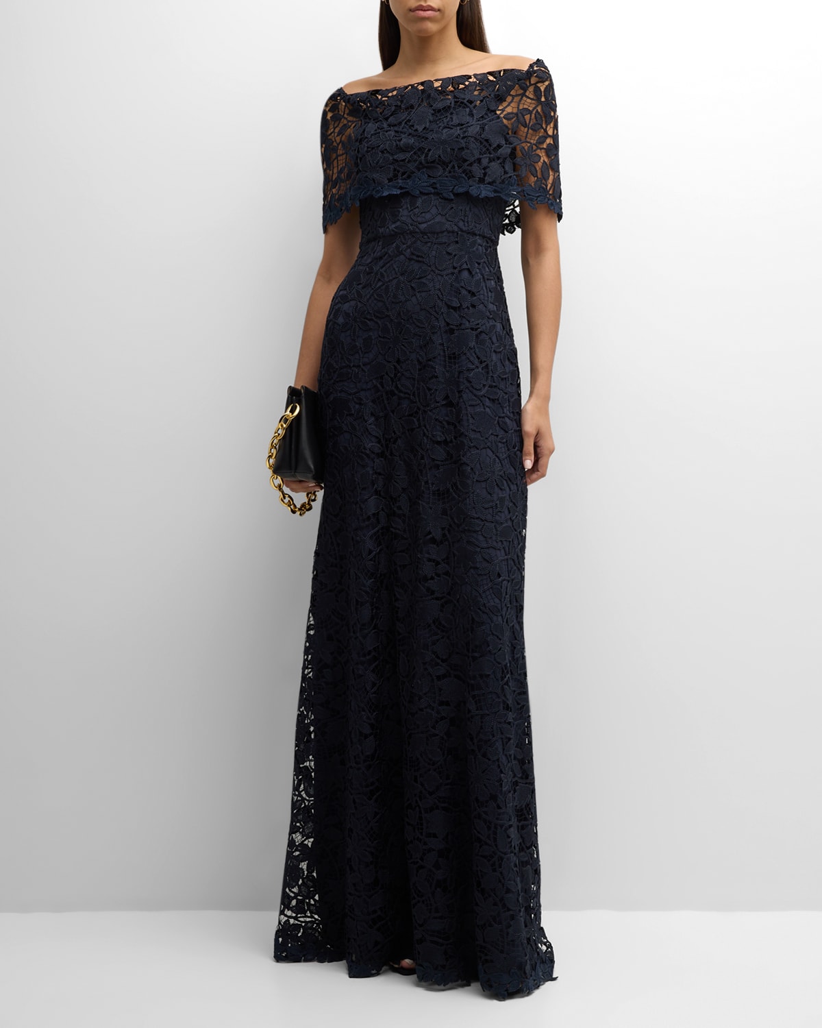 Shop Lela Rose Deedie Floral Lace Off-the-shoulder Gown In Navy