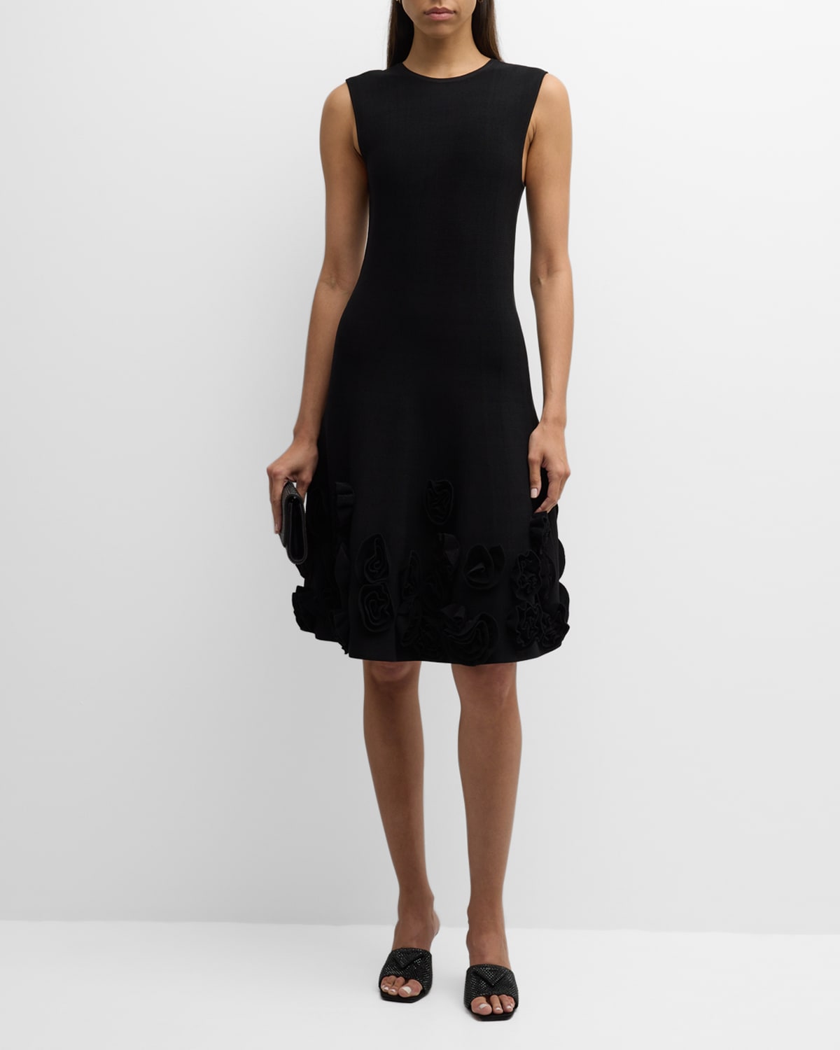 Lela Rose Penelope Midi Dress With Floral Applique Detail In Black