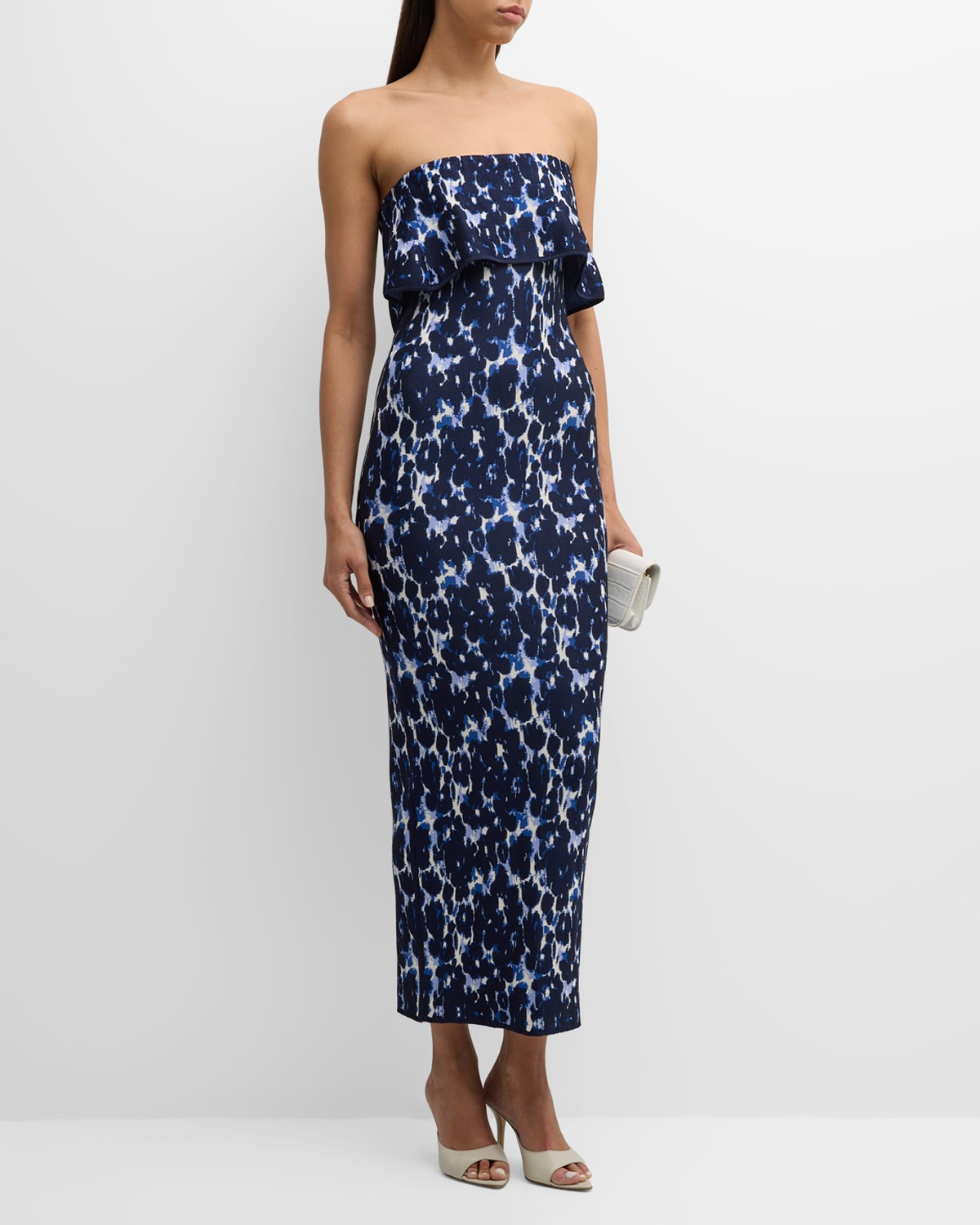 Shop Lela Rose Alexandra Floral Jacquard Foldover Strapless Midi Dress In Navy Multi