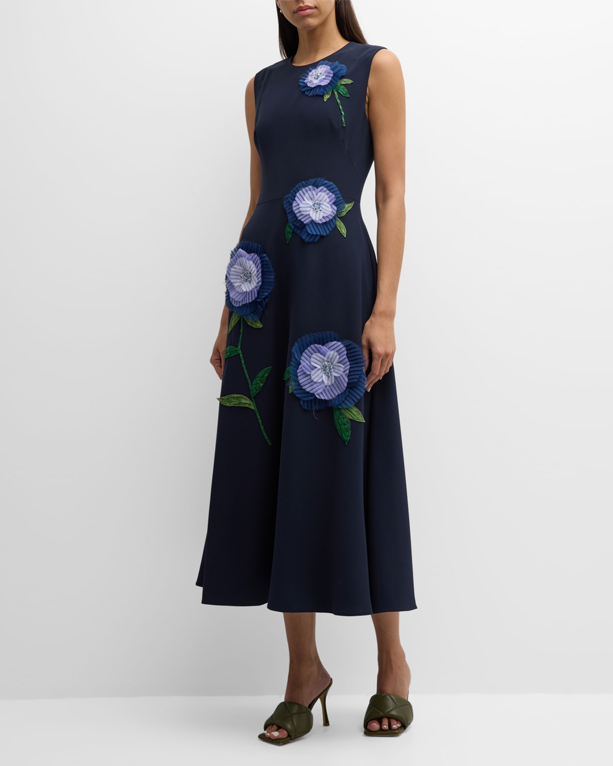 Shop Lela Rose Floral Applique Sleeveless Midi Dress In Navy