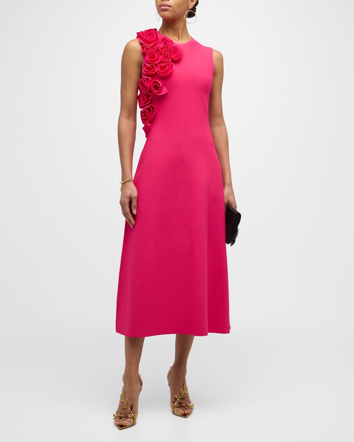 Colorblock Flower-Applique Sleeveless Rib Midi Dress