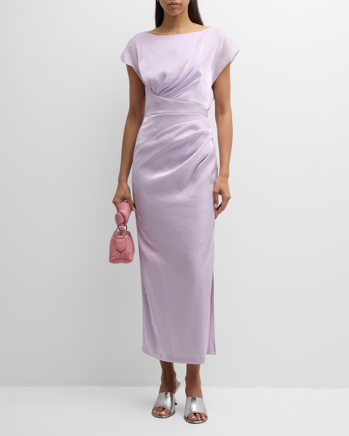 Shop Lela Rose Florence Draped Cap-sleeve Slit Midi Dress In Lilac