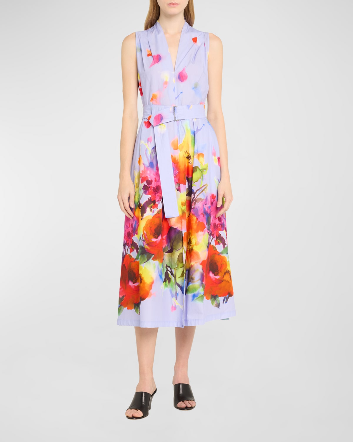 Shop Lela Rose Margot Belted Floral Print Midi Dress In Periwinkle Multi