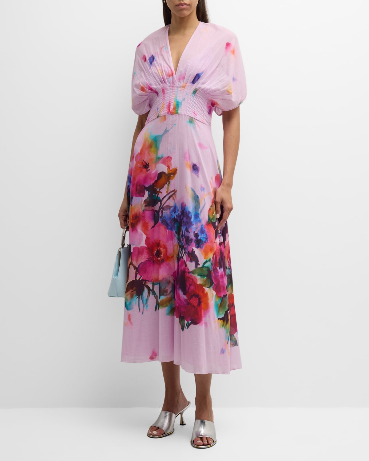 Shop Lela Rose Isabel Watercolor Floral-print Short-sleeve Pleated-waist Midi Dress In Orchid Multi