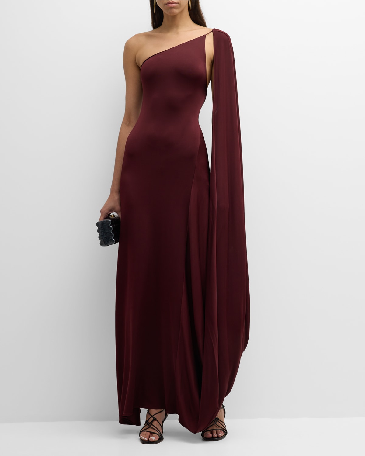 Shop Stella Mccartney One-shoulder Cape Sleeveless Maxi Dress In Dark Cherry