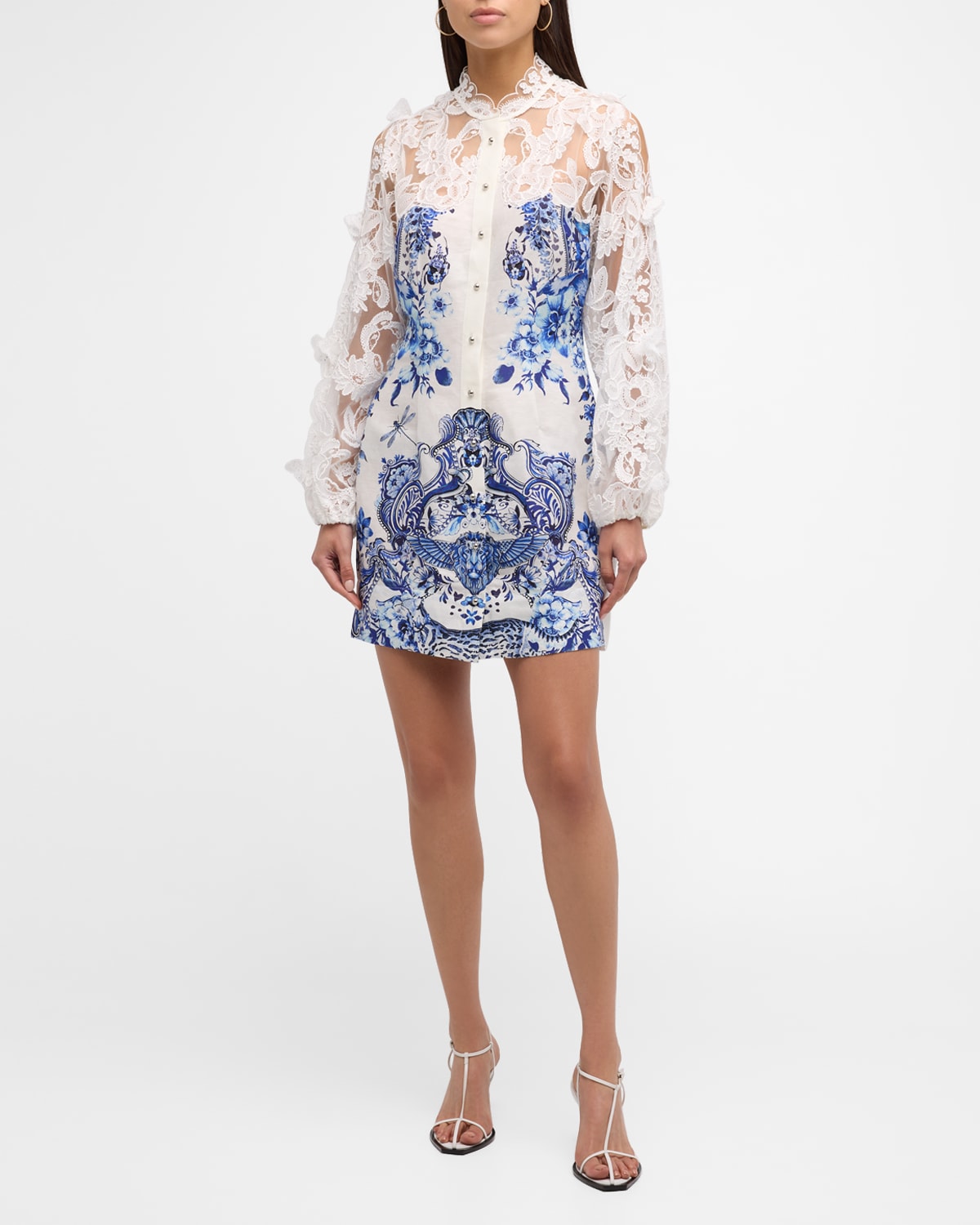 Butterfly Lace-Sleeve Button-Front Mini Dress