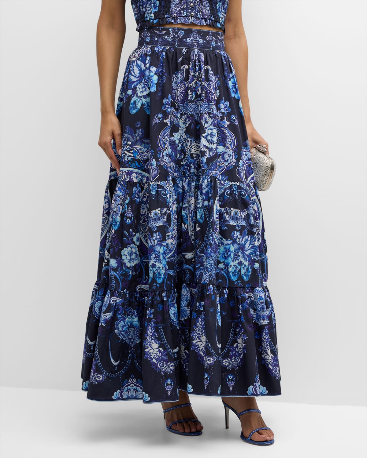 Shop Camilla High-waist Tiered Organic Cotton Poplin Skirt In Delft Dynasty