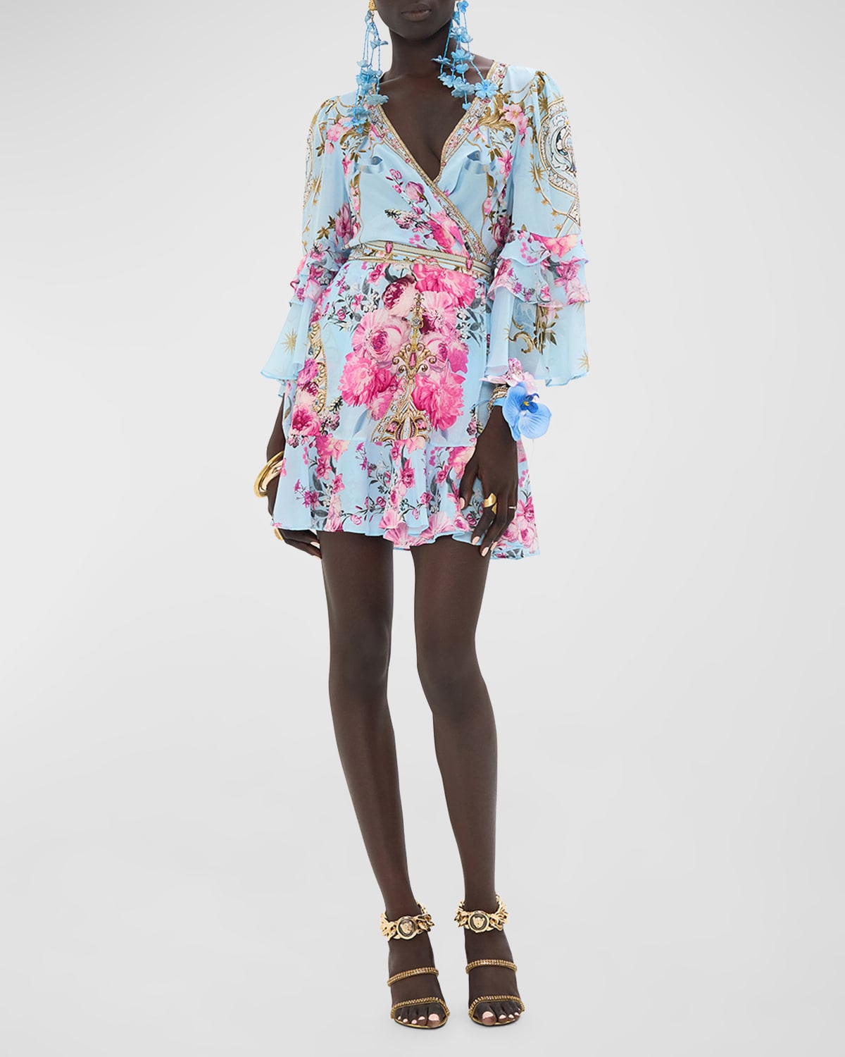 Shop Camilla Ruffle-sleeve Floral Silk Mini Wrap Dress In Down The Garden Path