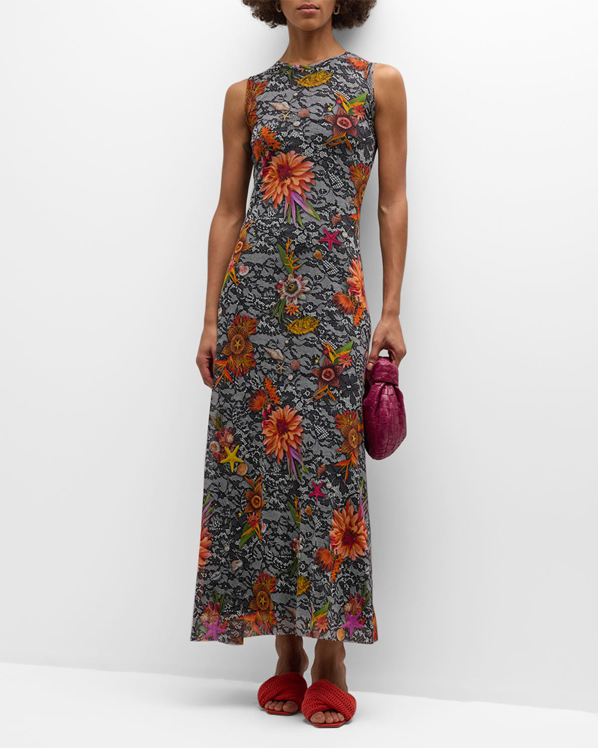 Fuzzi Sleeveless Floral Lace-print Maxi Dress In Nero