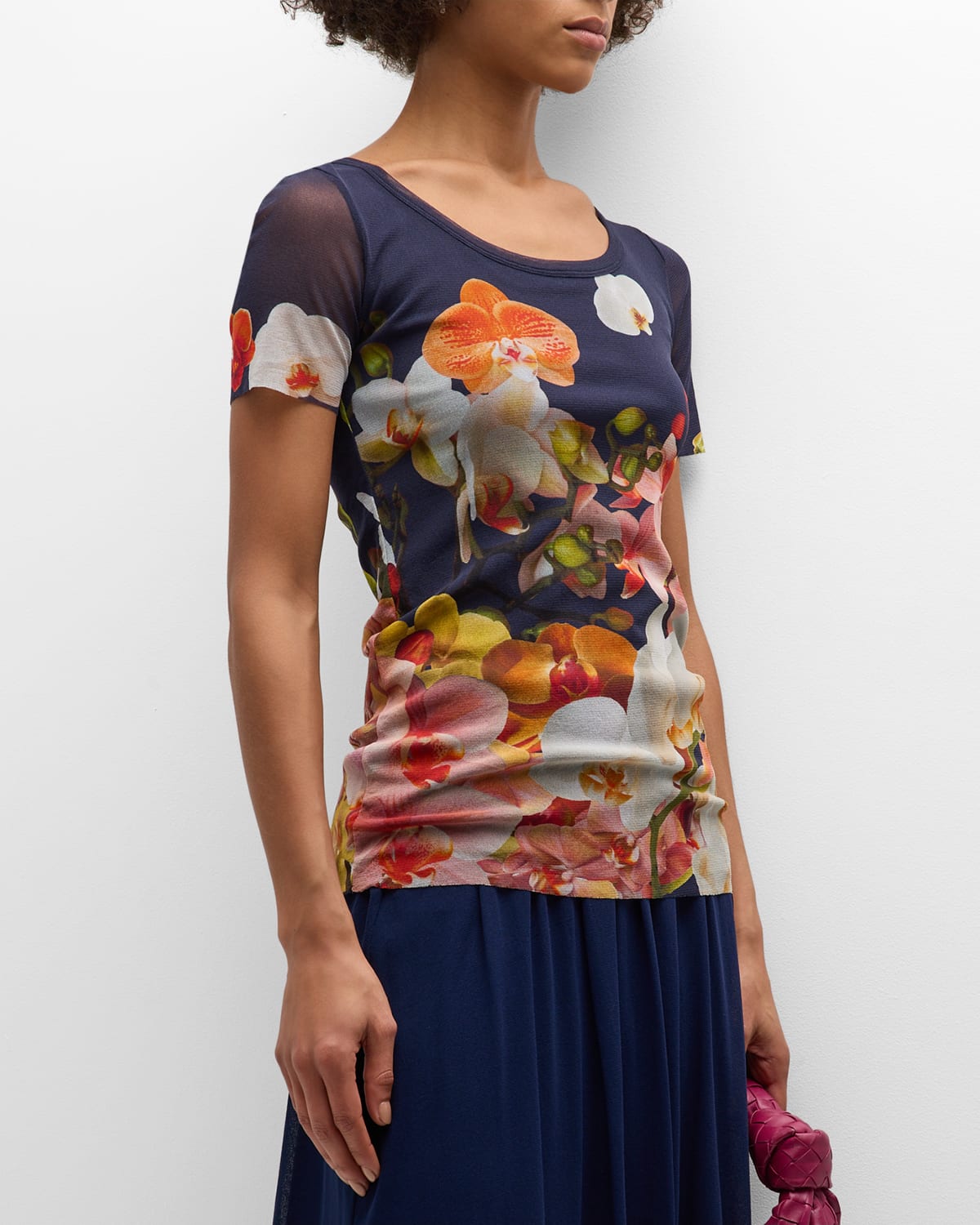 Shop Fuzzi Scoop-neck Floral-print Tulle T-shirt In Royal Blue