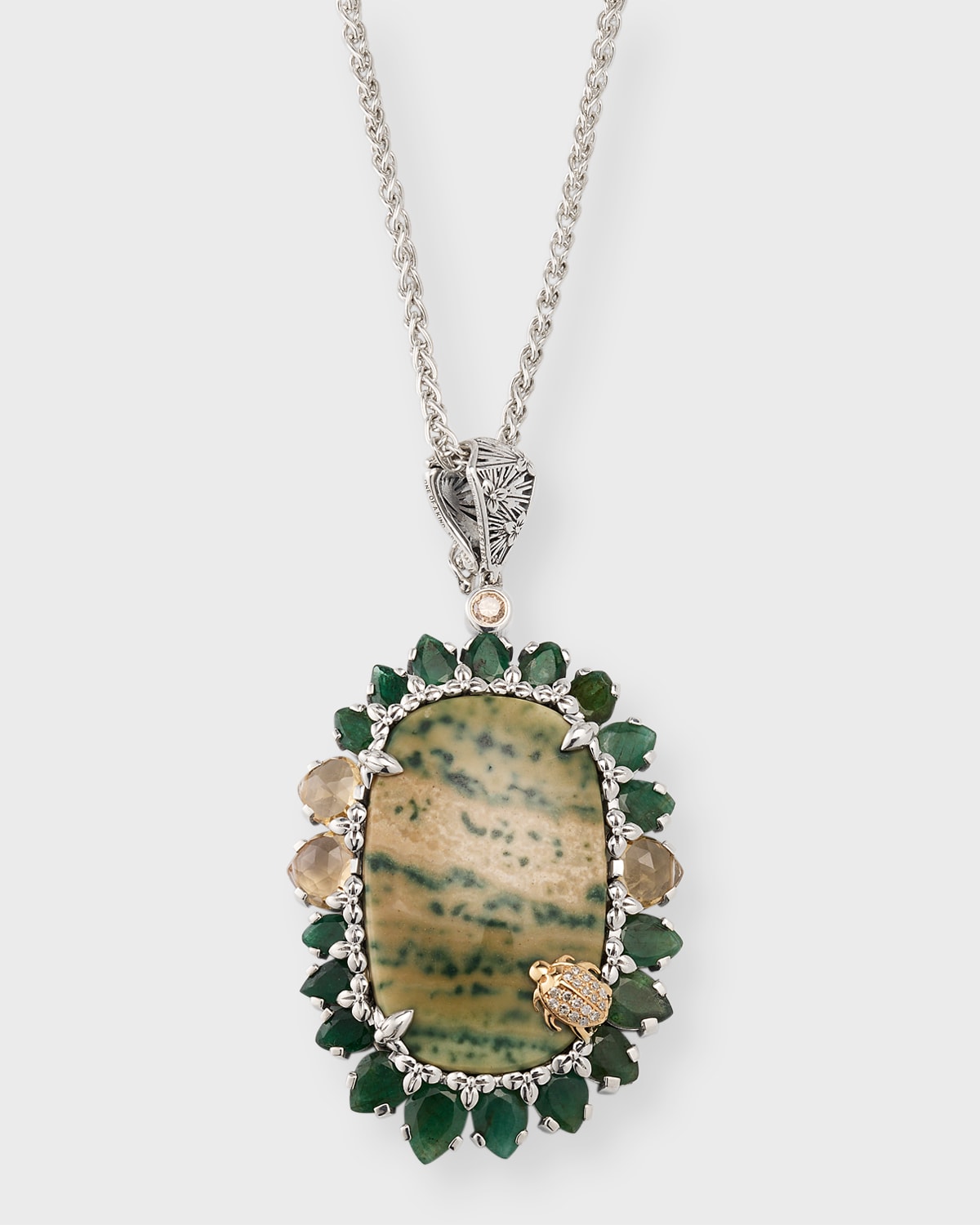 Stephen Dweck Frog Skin Jasper, Emerald, Citrine And Diamond Pendant Necklace In Multi