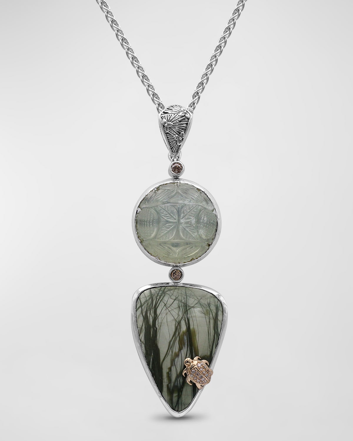 Hand Carved Moonstone, Imperial Jasper and Champagne Diamond Pendant Necklace