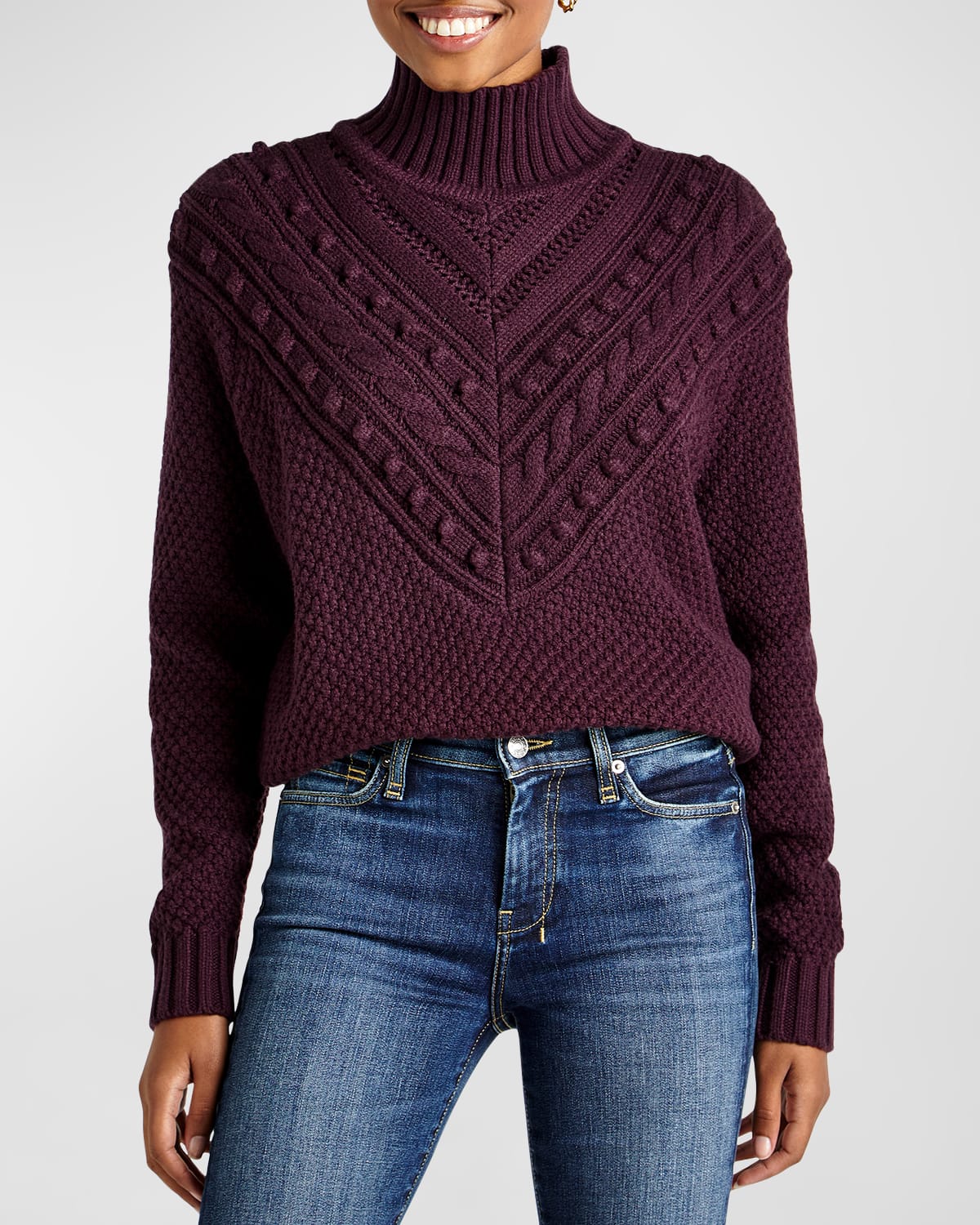 Shop Splendid Maggie Pom-embellished Cable-knit Turtleneck Sweater In Deep Plum