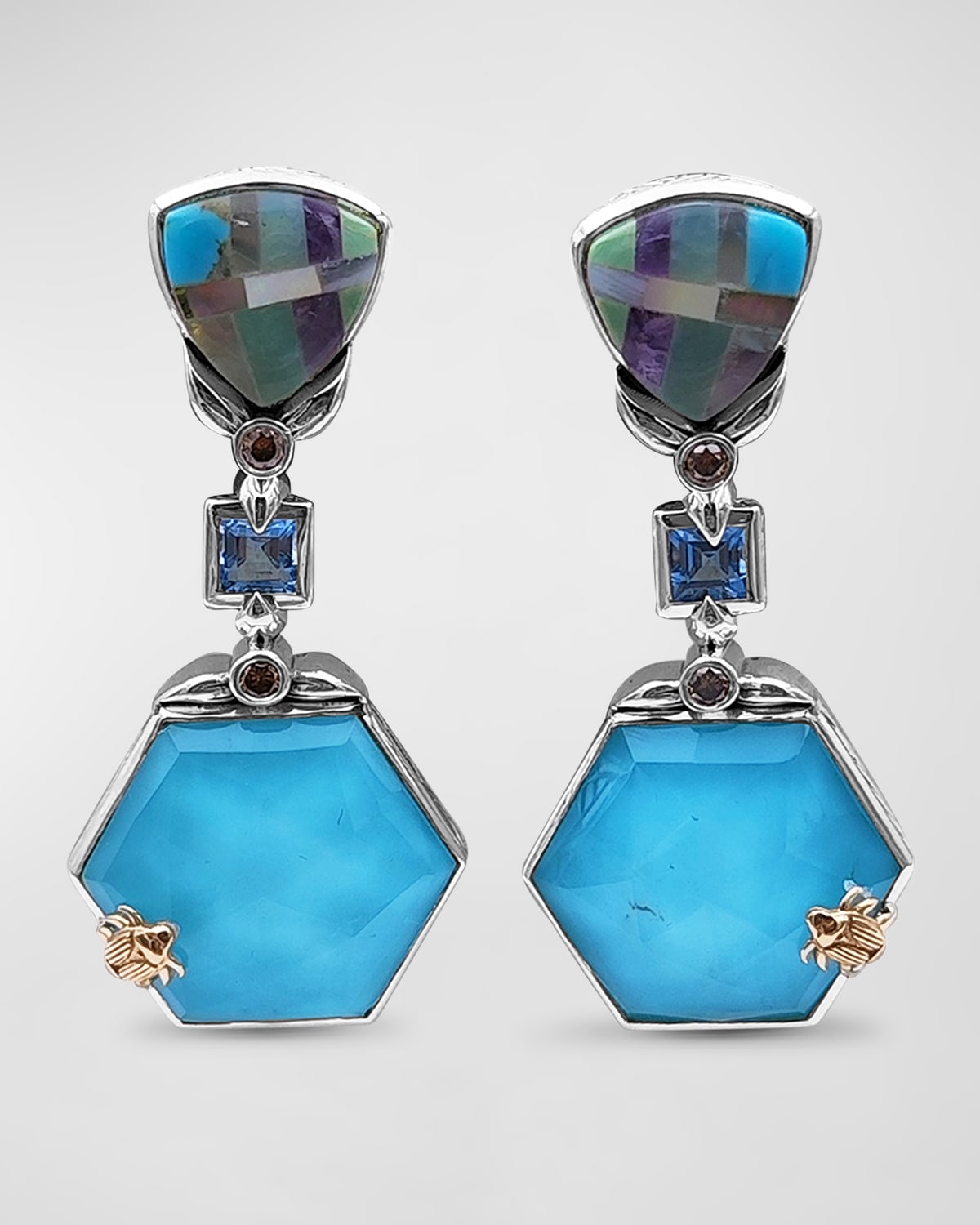 Opal Mosaic, Blue Topaz, Natural Turquoise Crystal and Champagne Diamond Earrings