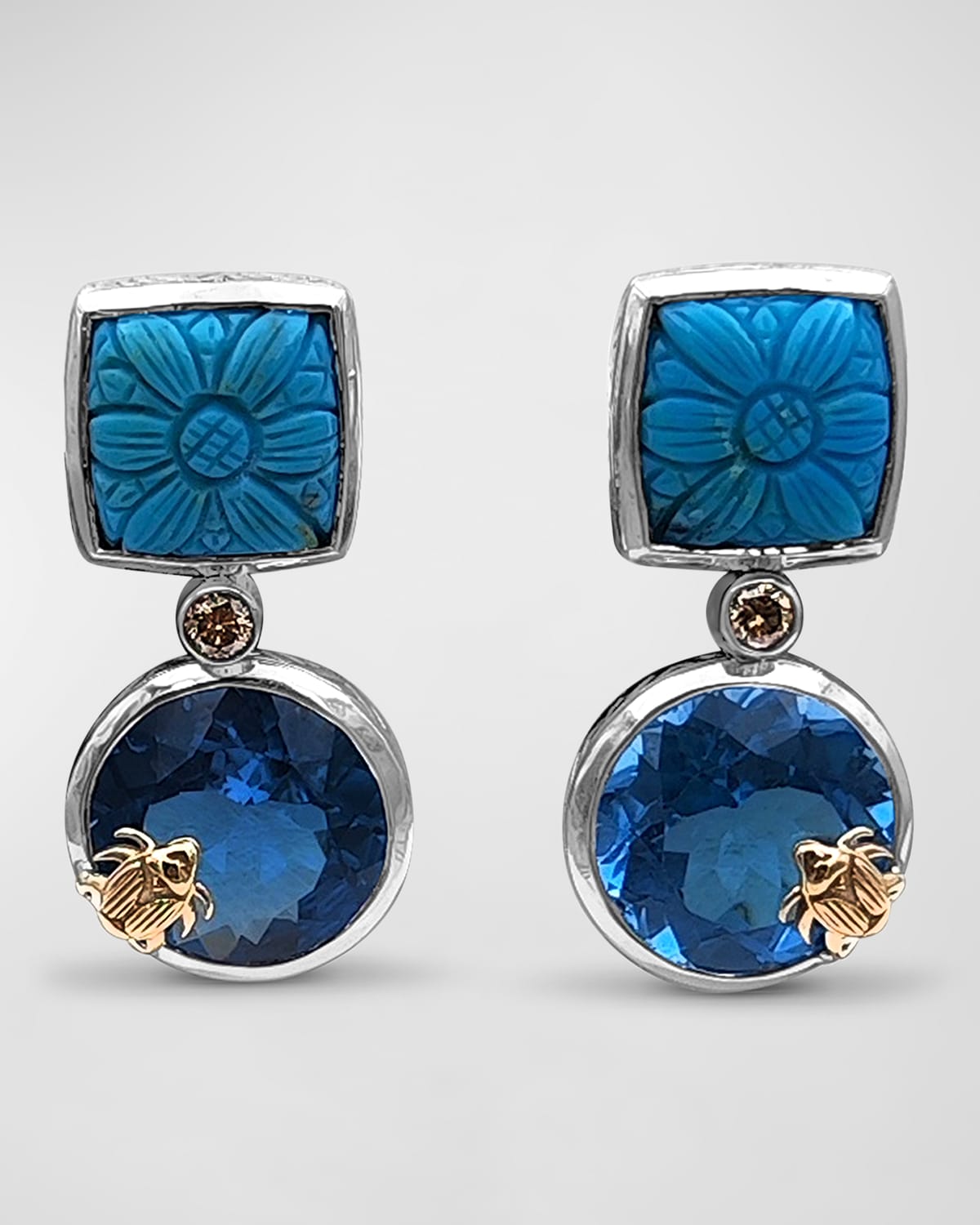 Hand Carved Turquoise, Blue Topaz and Champagne Diamond Earrings