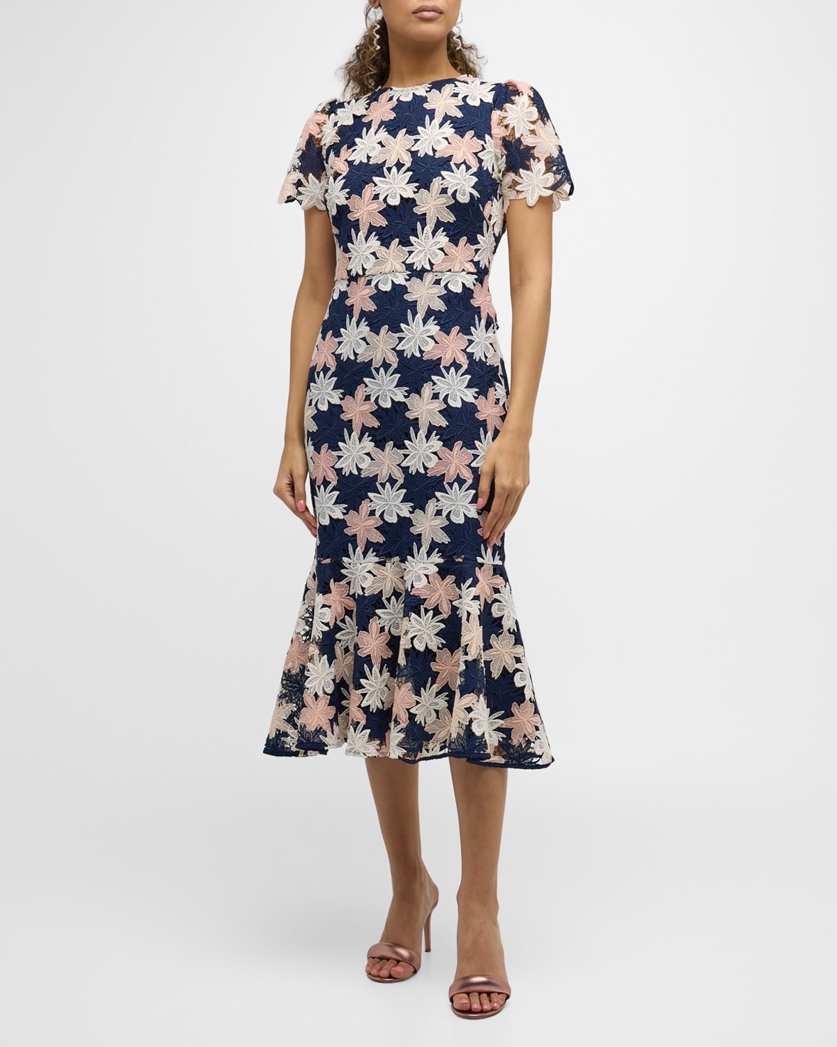 Shop Shoshanna Thompson Floral Lace Flounce Midi Dress In Nv/iv/blh
