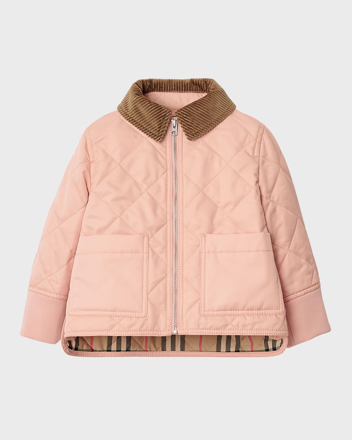 Burberry Kids' Girl's Otis Corduroy-collar Quilted Jacket In Coral Rose