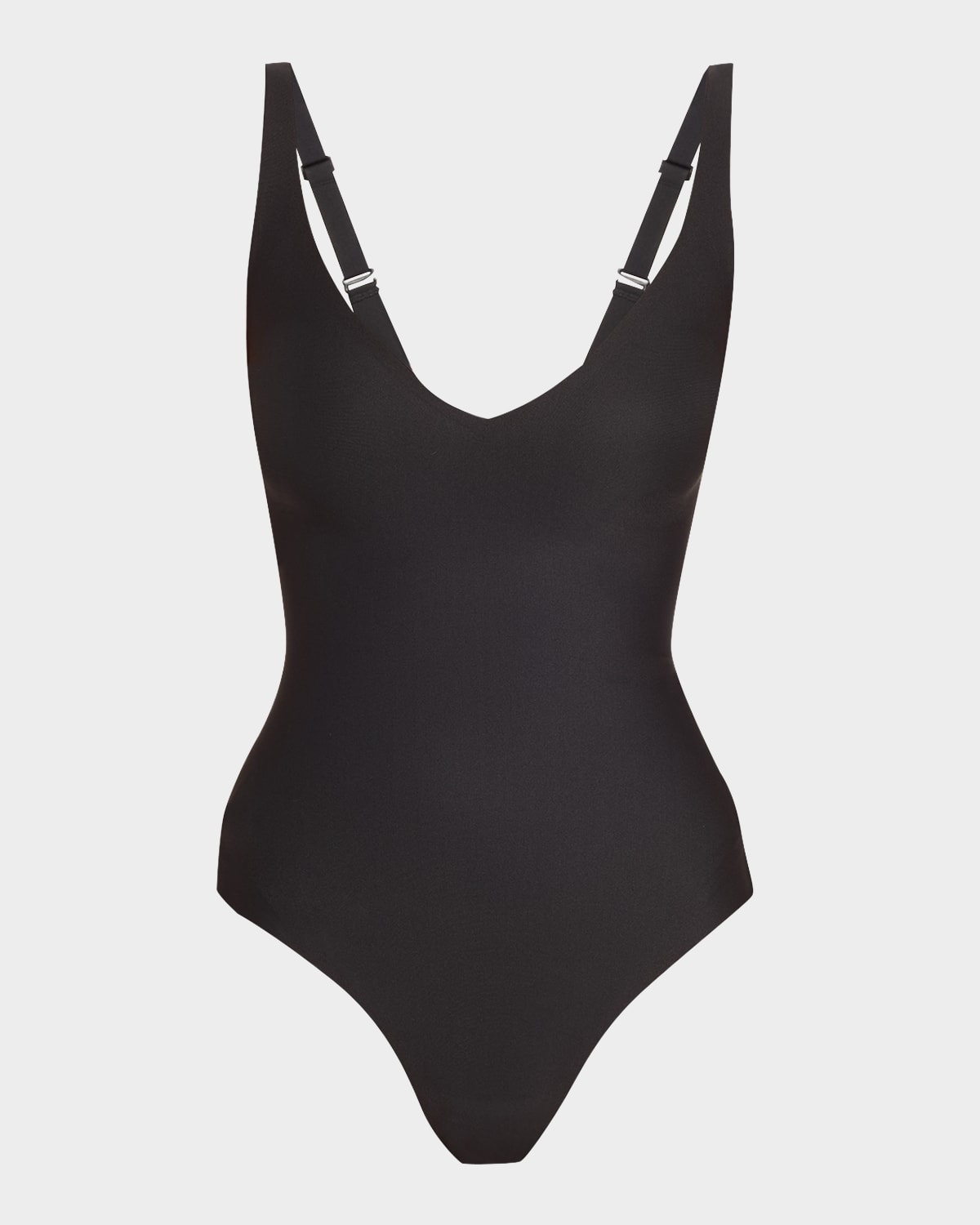 Skims Sleeveless Deep V-neck Thong Bodysuit In Onyx