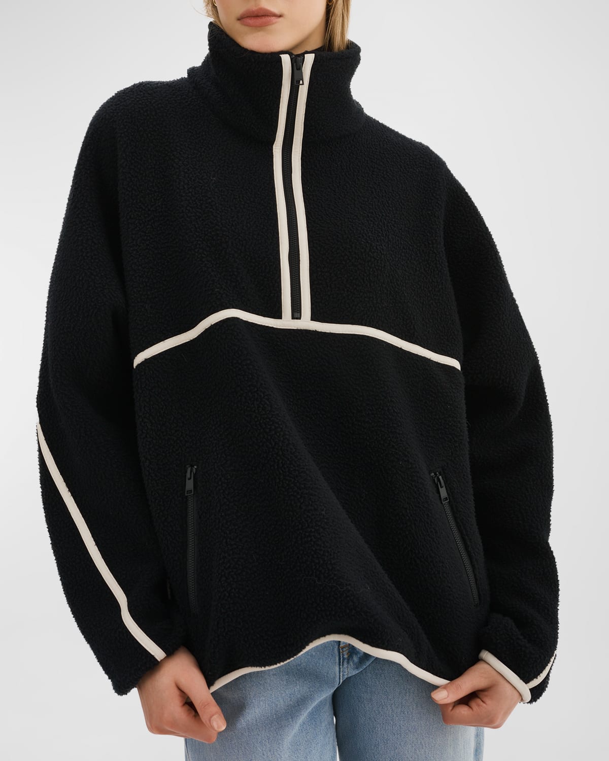 Shop Lamarque Helsa Fleece Piped Pullover Sweater In Black/ivory