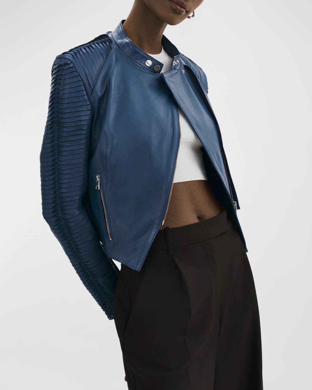 Lamarque Azra Slashed-sleeve Leather Moto Jacket In Midnight Blue