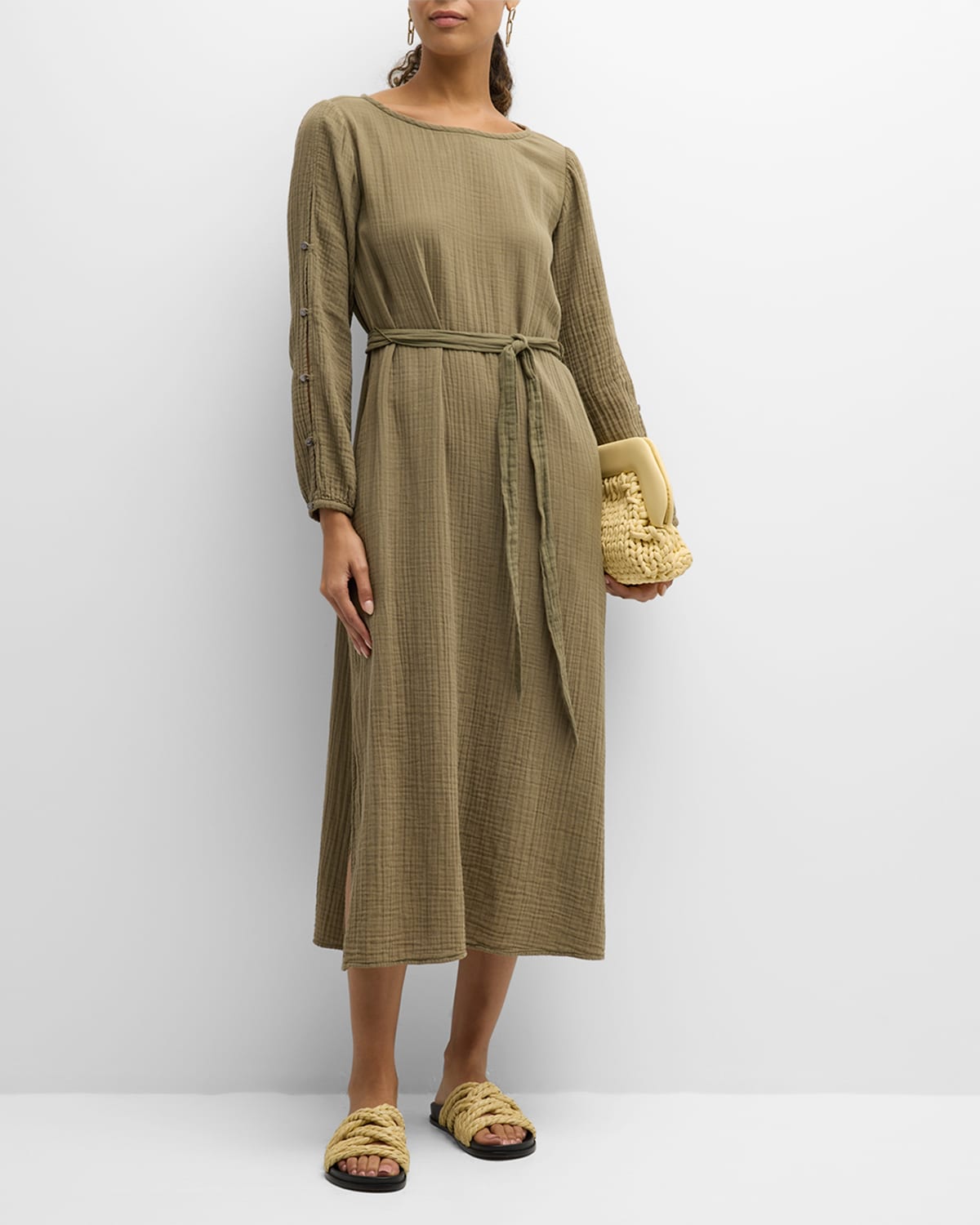 Xirena Helena Belted Side-slit Cotton Gauze Midi Dress In Old Sage