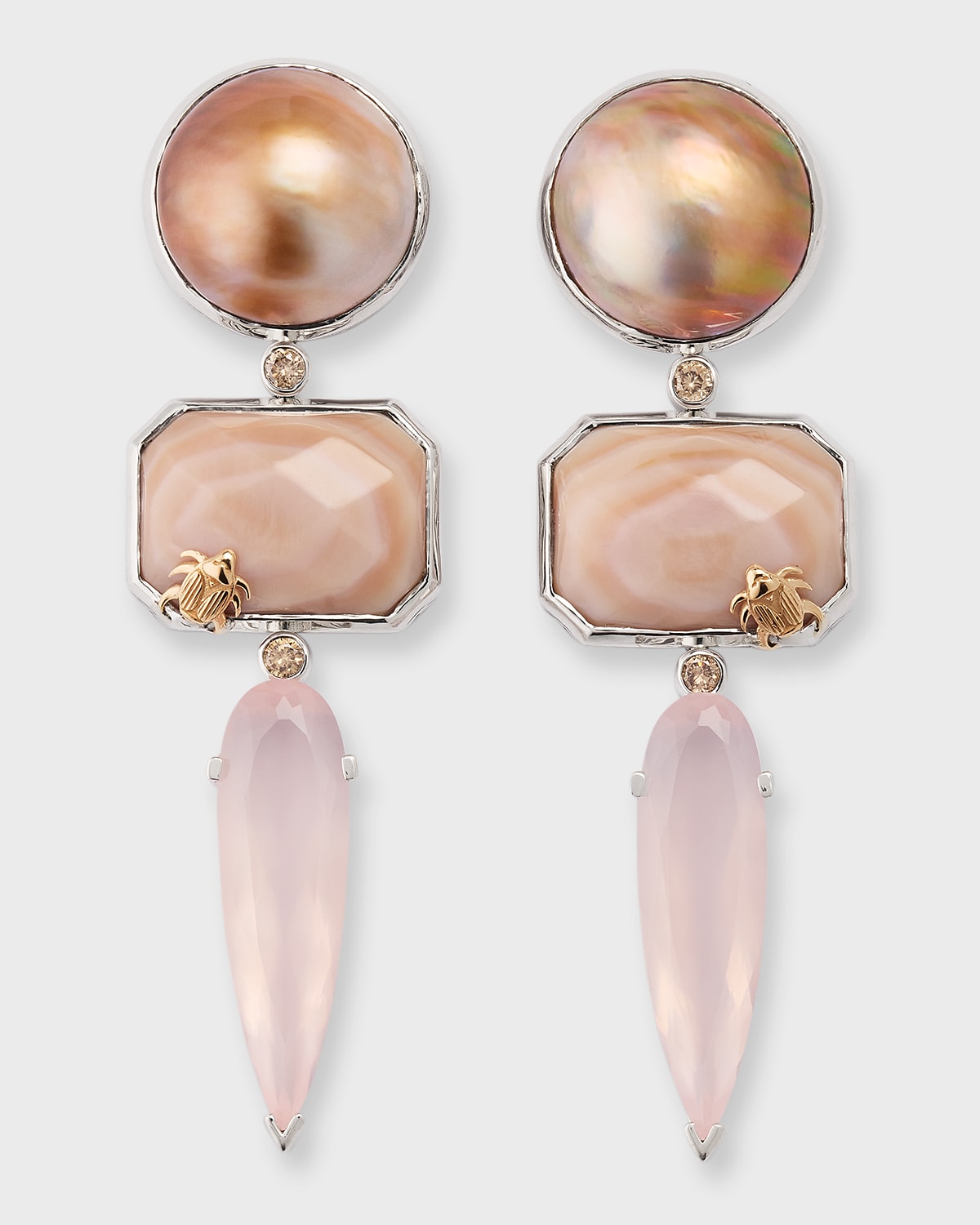 Pearl Conch Rose Quartz and Champagne Diamond Earrings