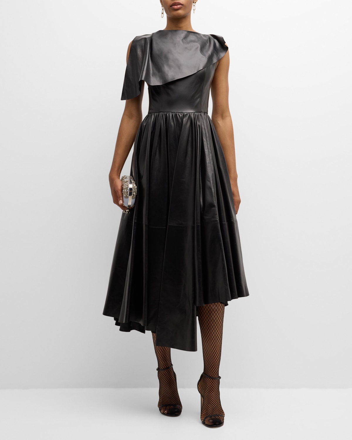 Cela Asymmetric Leather Sleeveless Midi Dress