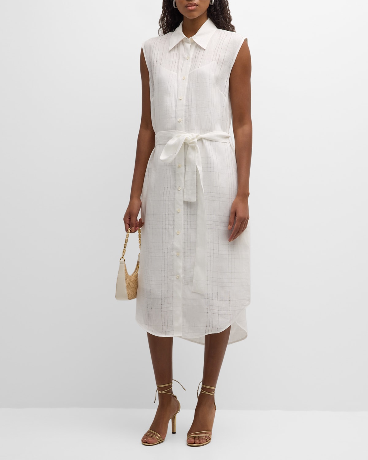 Shop Salon 1884 Seles Check Linen-silk Sleeveless Belted Midi Shirtdress In White