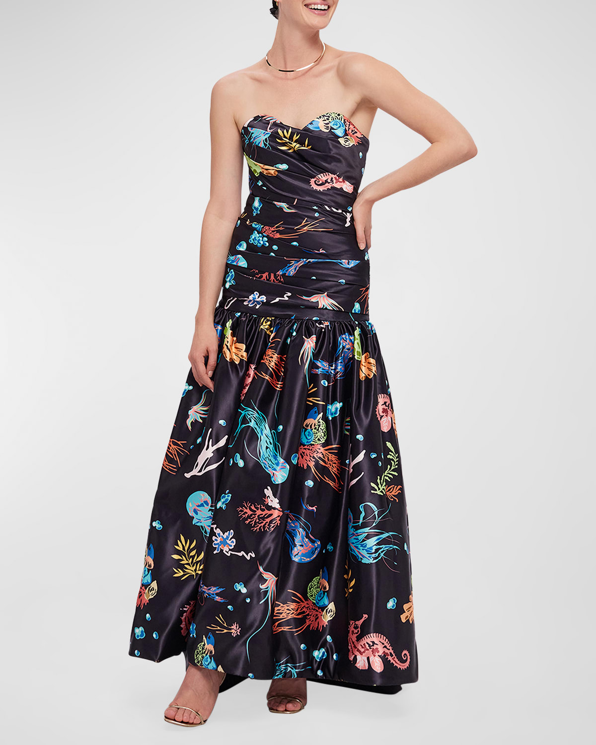 Delphine Printed Strapless Ruched Gown