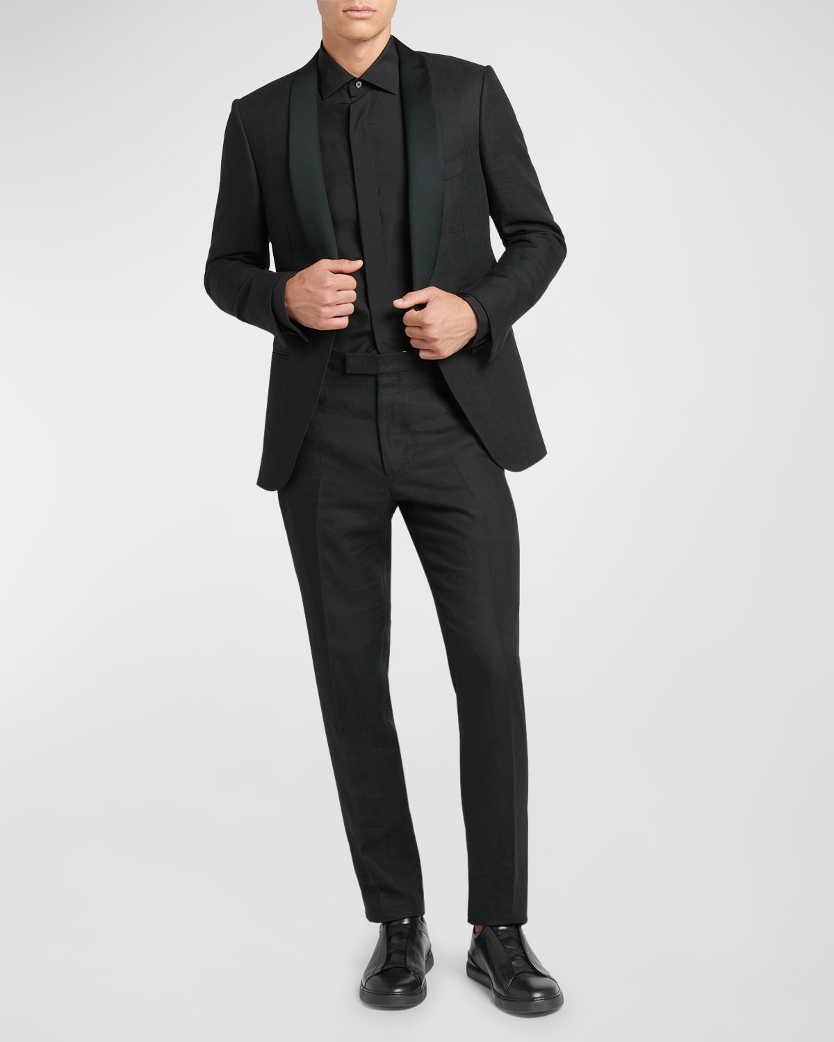 Zegna Men's Shawl-collar Linen Tuxedo In Black Solid