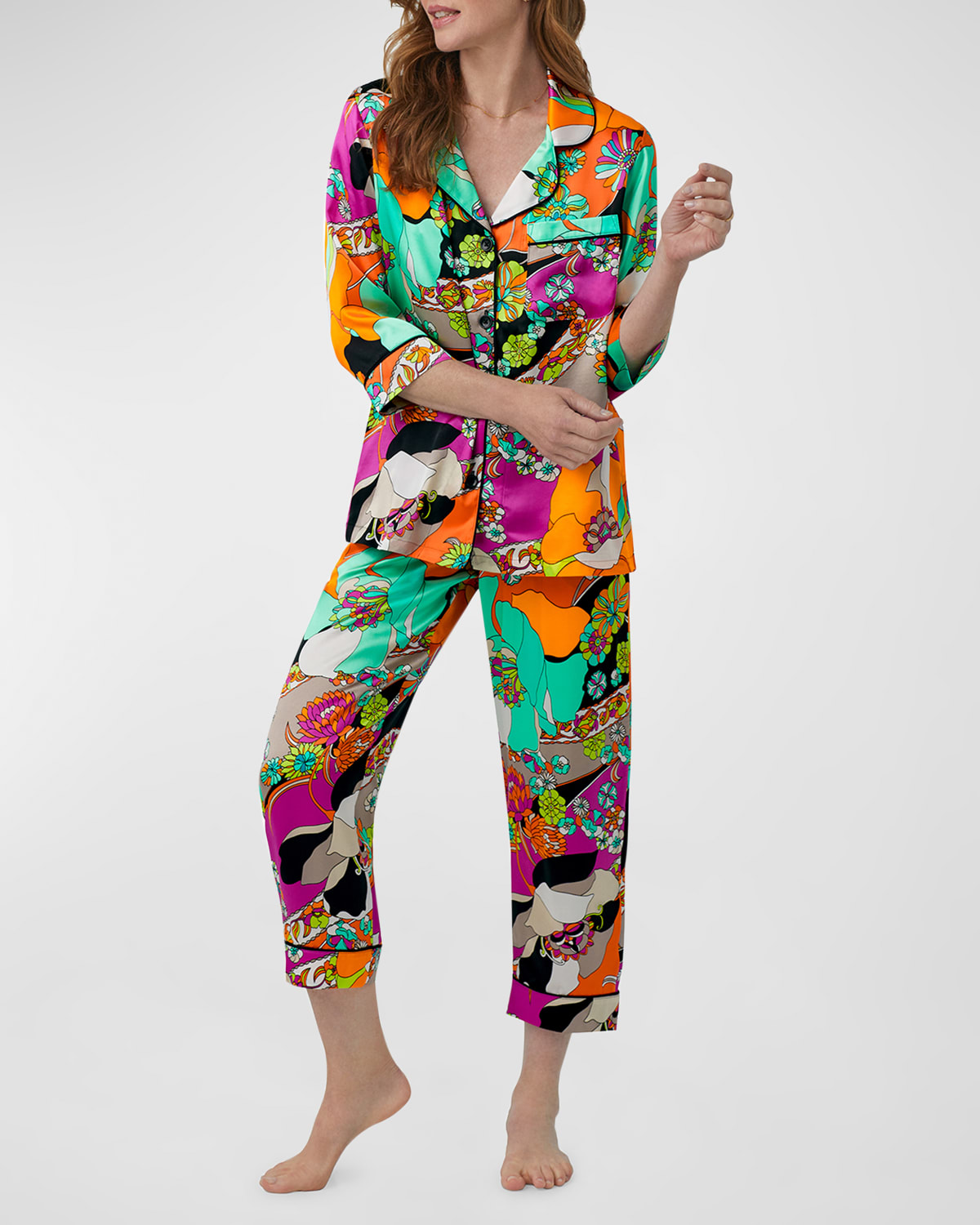 Trina Turk X Bedhead Pajamas Cropped Floral-print Silk Pajama Set In Skipper Swirl