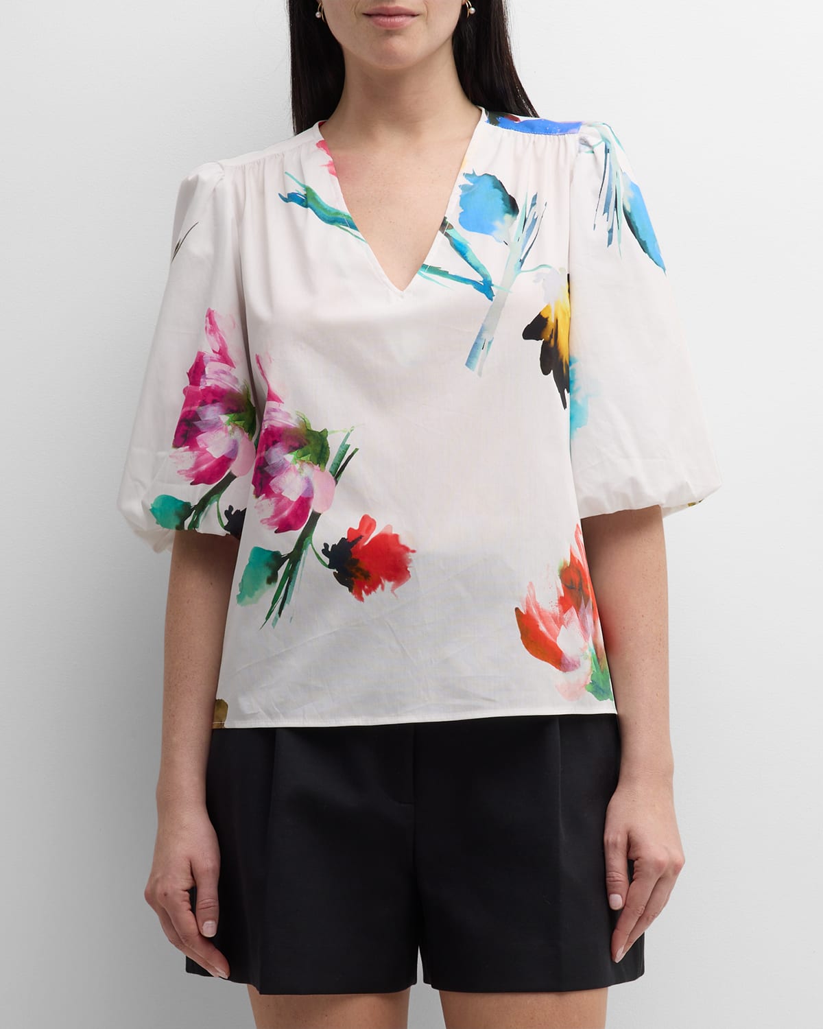 Finley Tish Floral-print Blouson-sleeve Top In White/multi