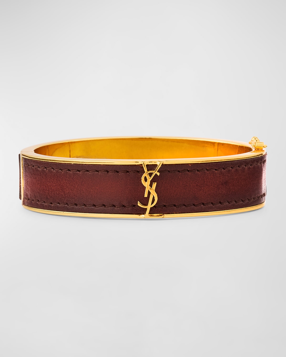 Shop Saint Laurent Leather And Brass Ysl Monogram Bracelet In Cacao.caca