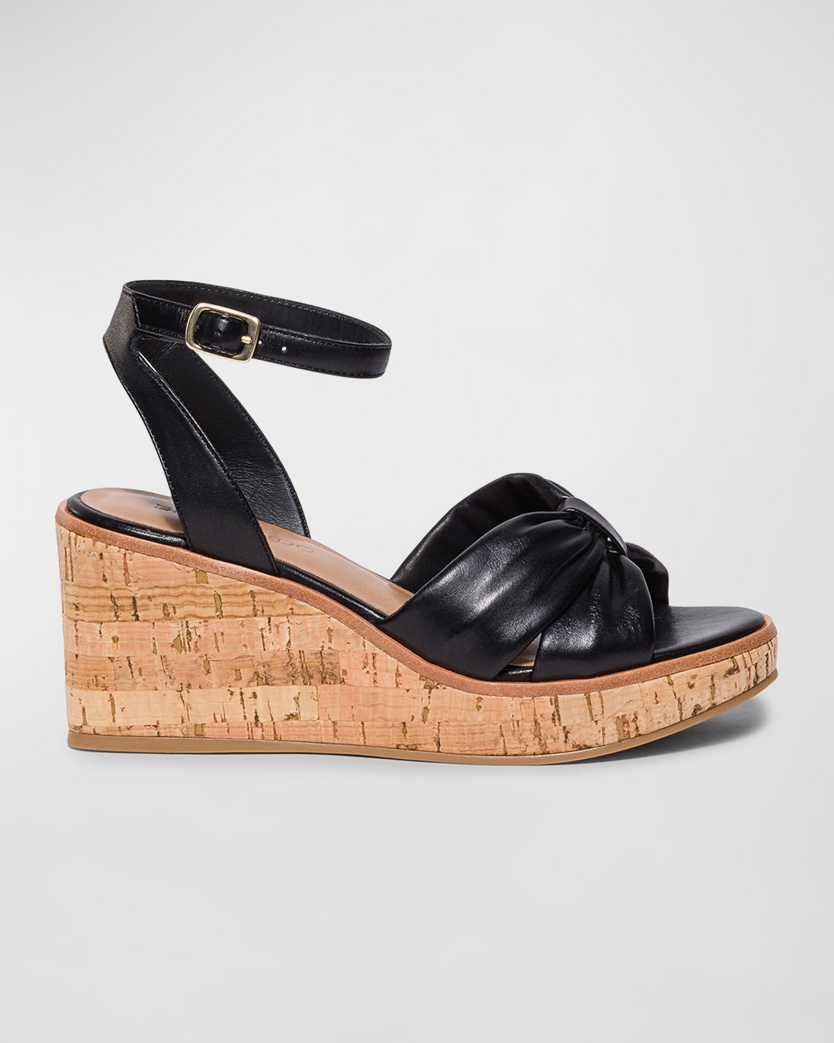 Leather Cork Ankle-Strap Wedge Sandals