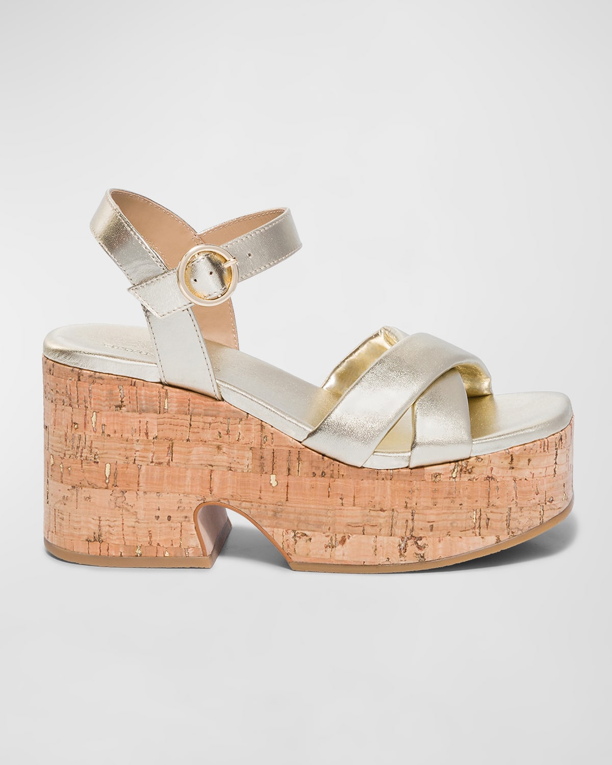 BERNARDO METALLIC CRISSCROSS CORK PLATFORM SANDALS