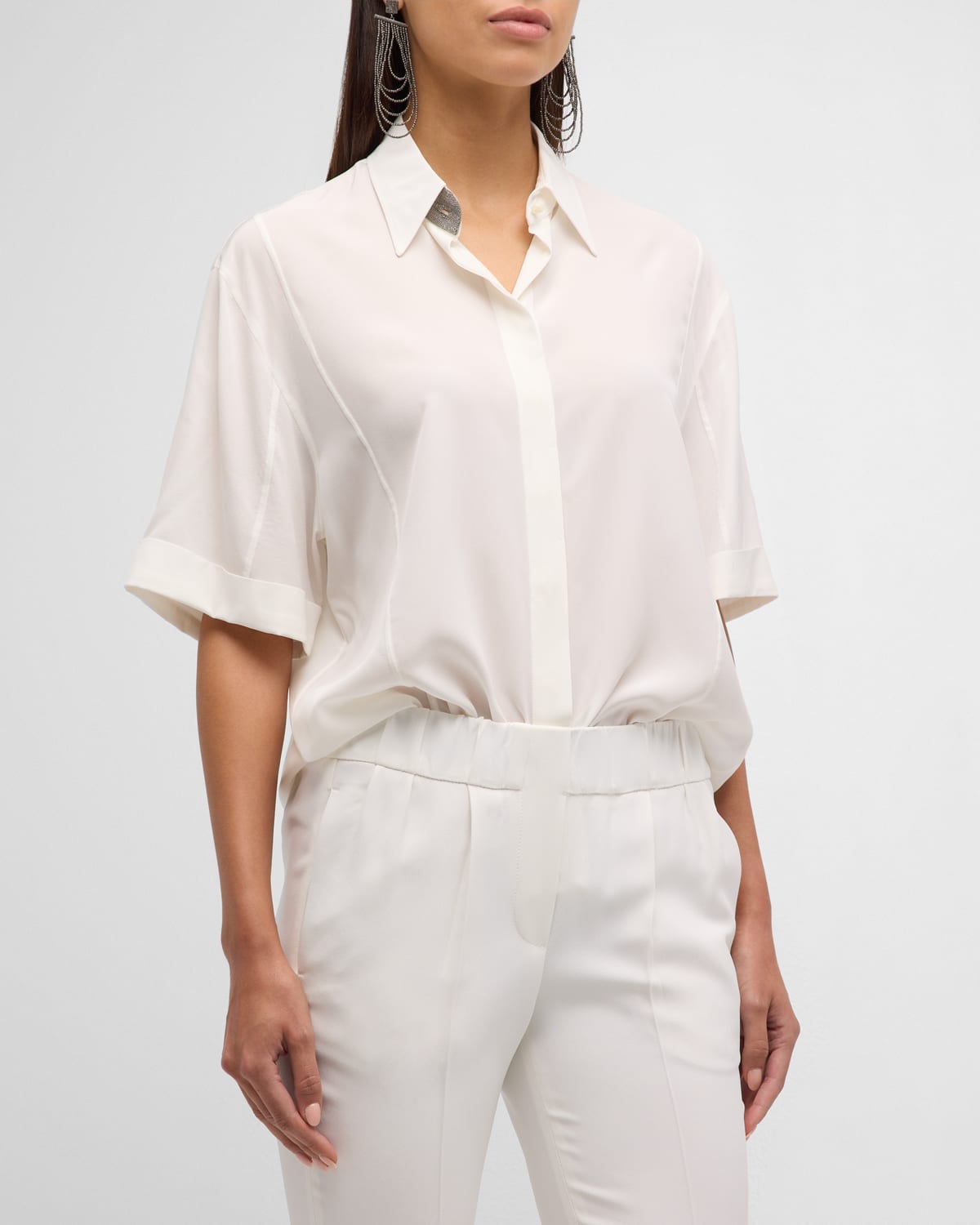 Brunello Cucinelli Monili-trim Short-sleeve Cotton Poplin Shirt In C600 Natural