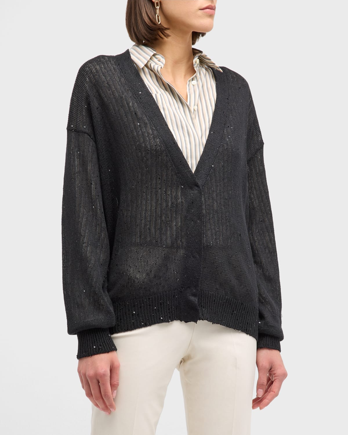 Linen Silk Hidden Button-Front Cardigan with Paillette Details